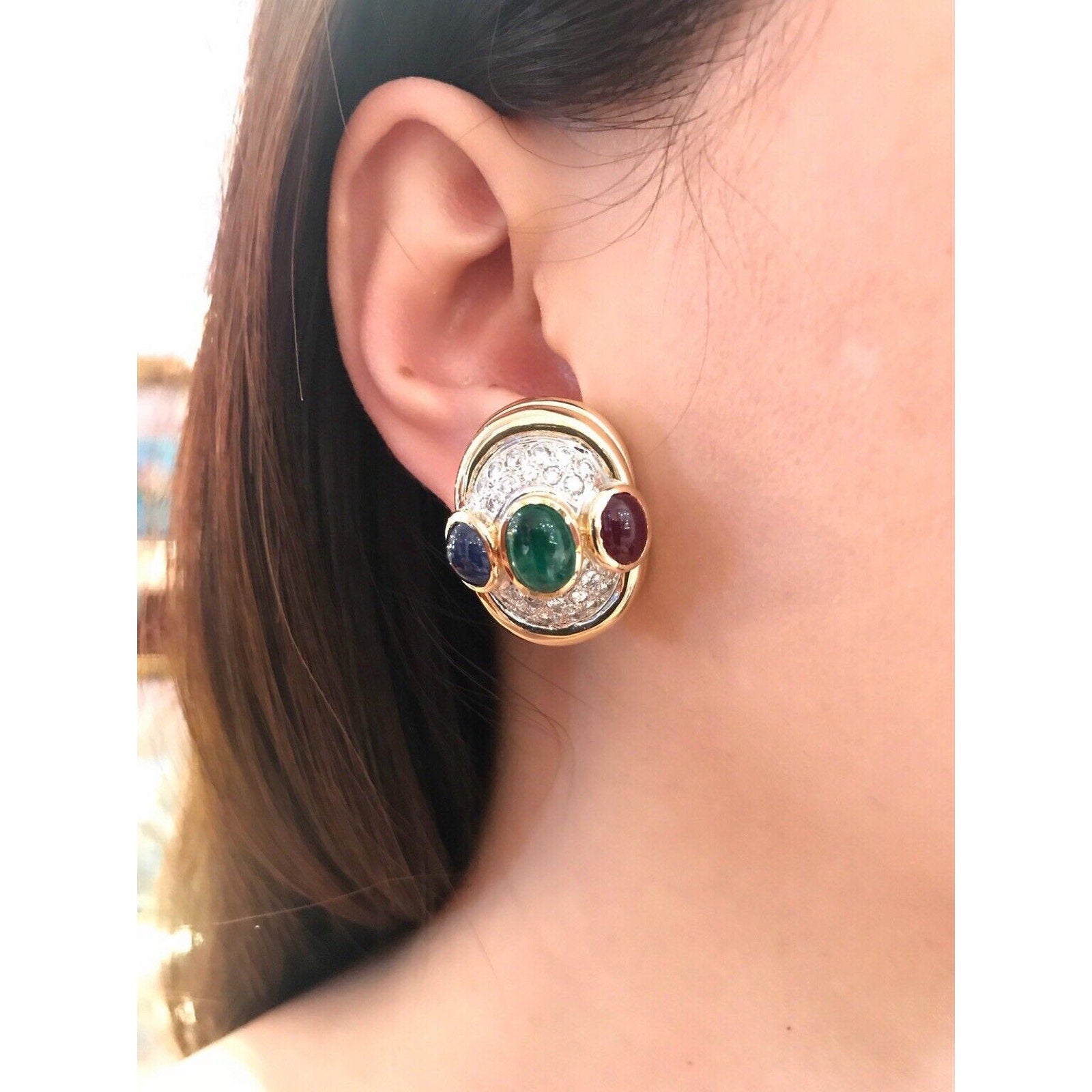 Estate Emerald Ruby and Sapphire Dome Button Earrings in 18k Yellow Gold