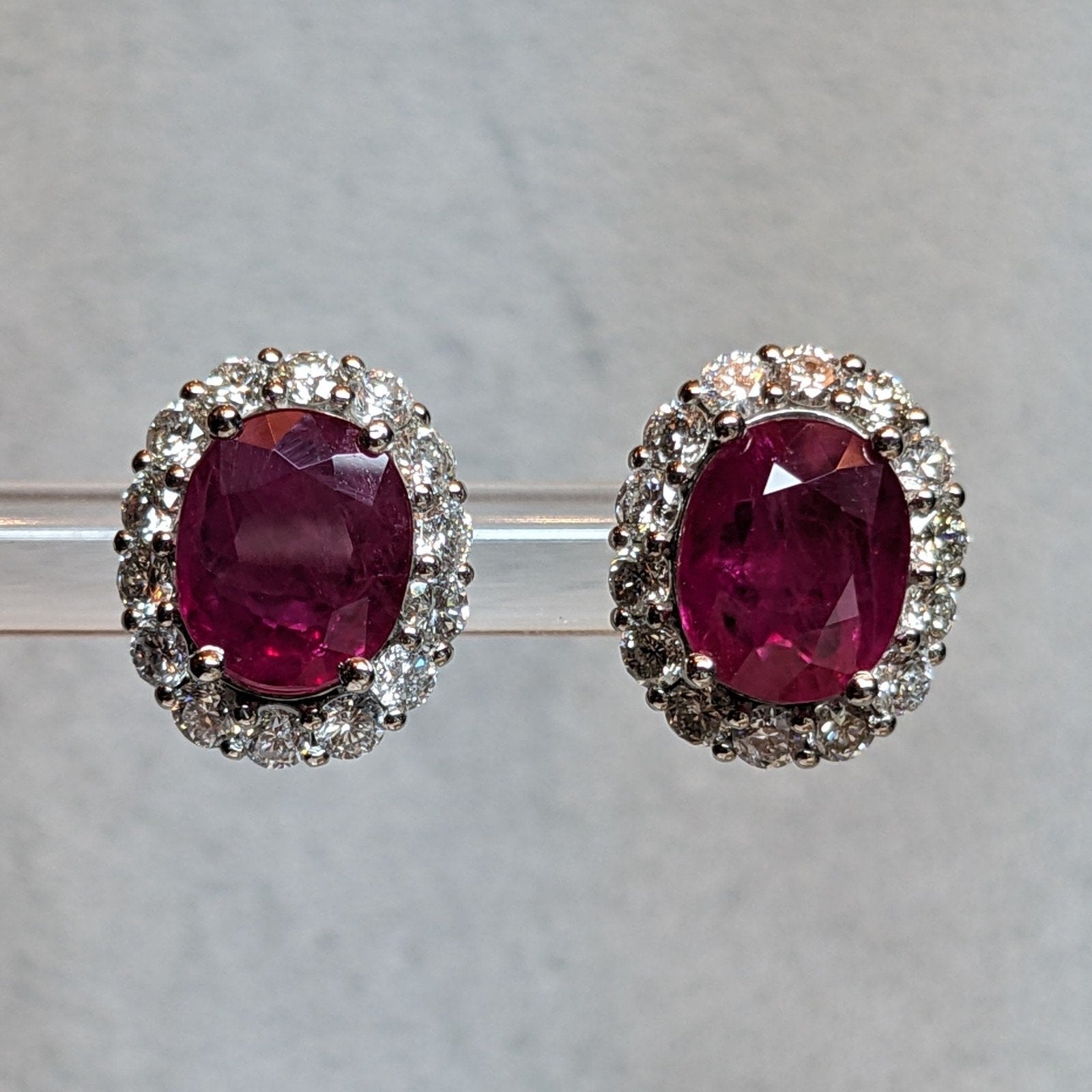 GIA Natural Burma Ruby Oval Stud Earrings with Diamonds in Platinum & 14k White Gold
