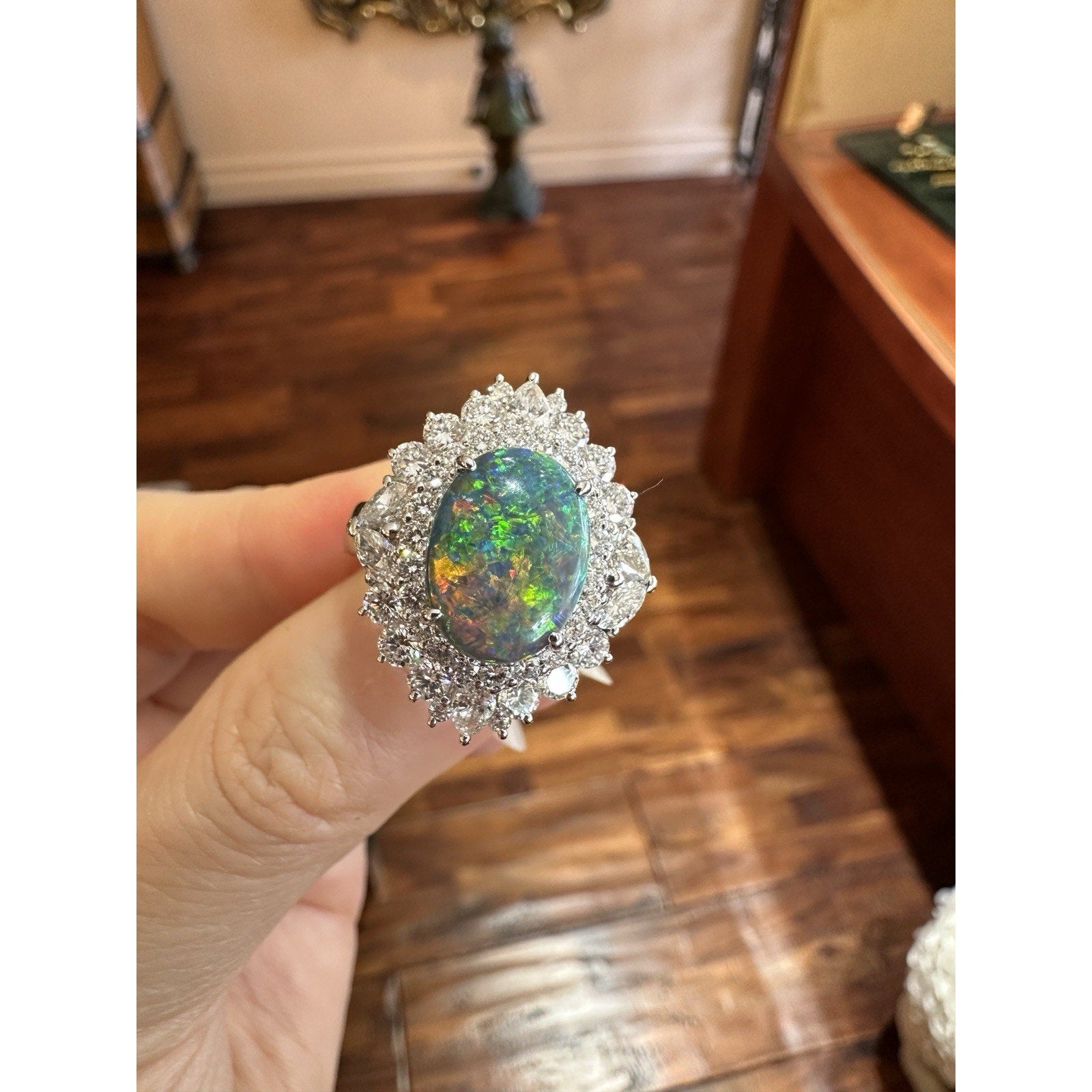 Natural Black Opal 2.53 ct and Diamond Cocktail Ring in Platinum