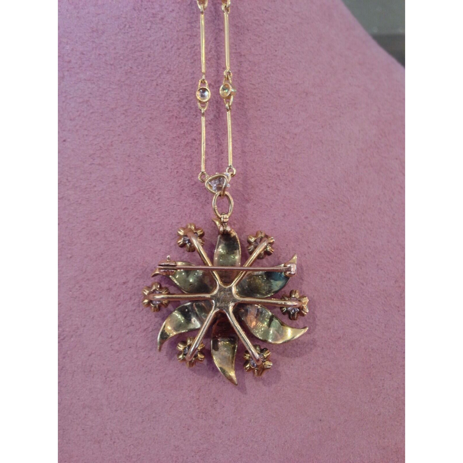 Pearl and Diamond Flower Pin/ Pendant Necklace in14k/18k Yellow Gold