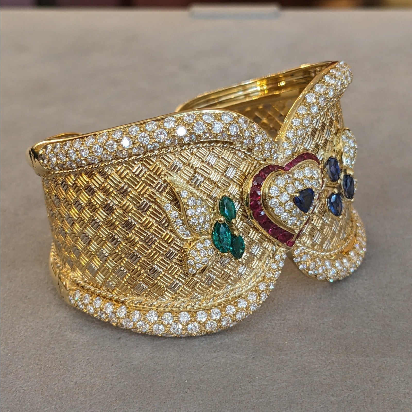 Ruby, Emerald, Sapphire and Diamond Cuff Bracelet in 18k Gold