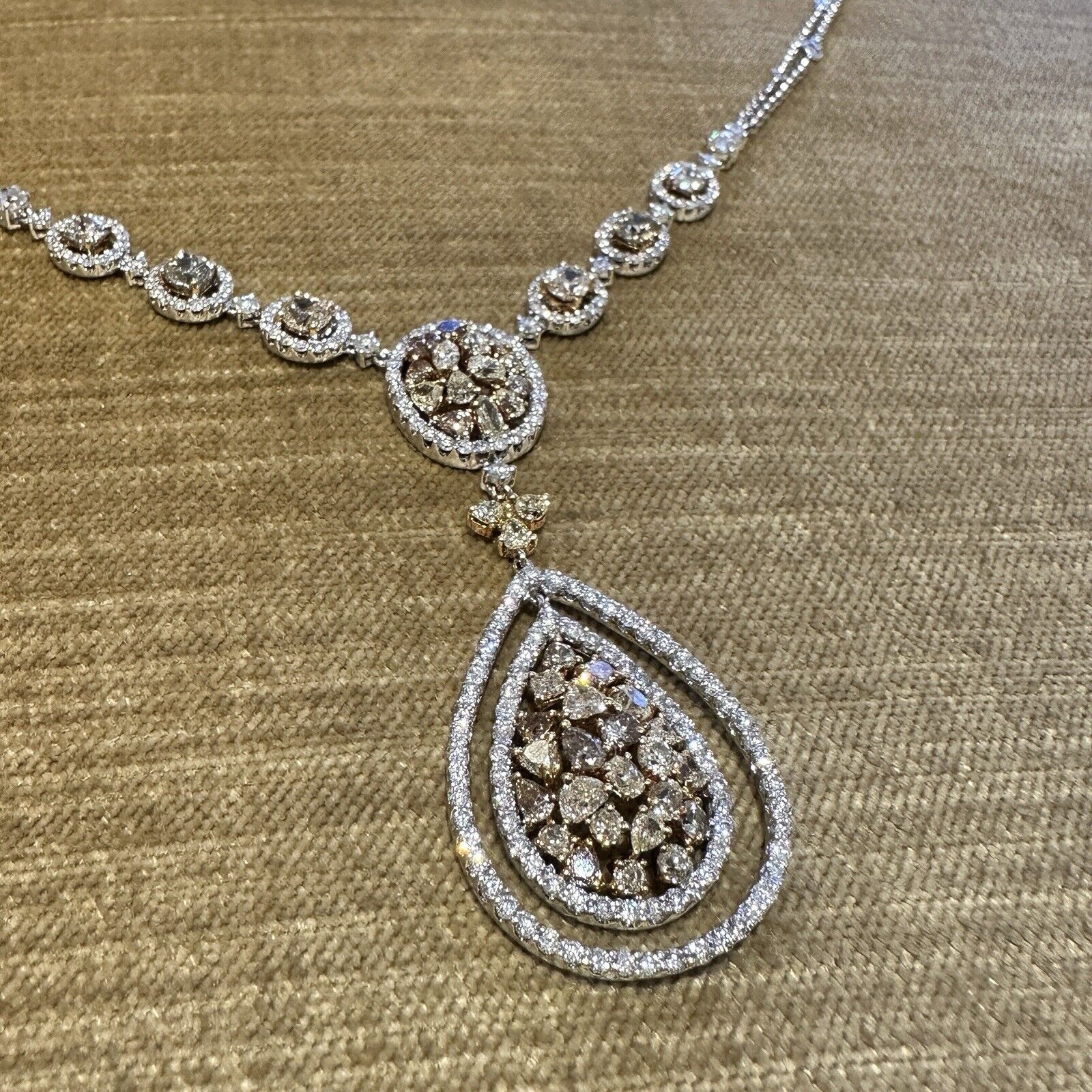 Natural Color Diamond Drop Pendant Necklace in 18k White and Yellow Gold