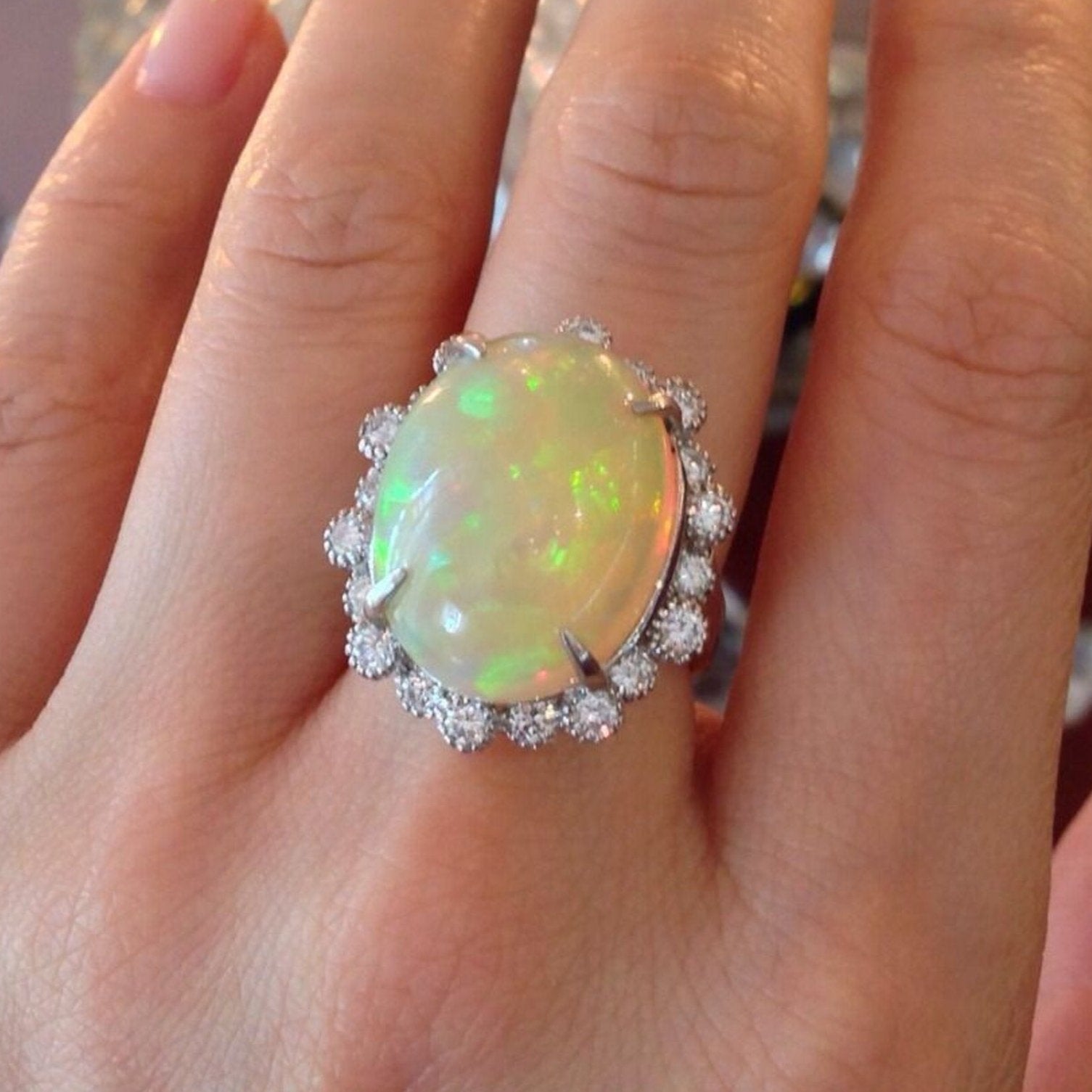 Estate 13.33 carat Natural Opal and Diamond Ring in Platinum