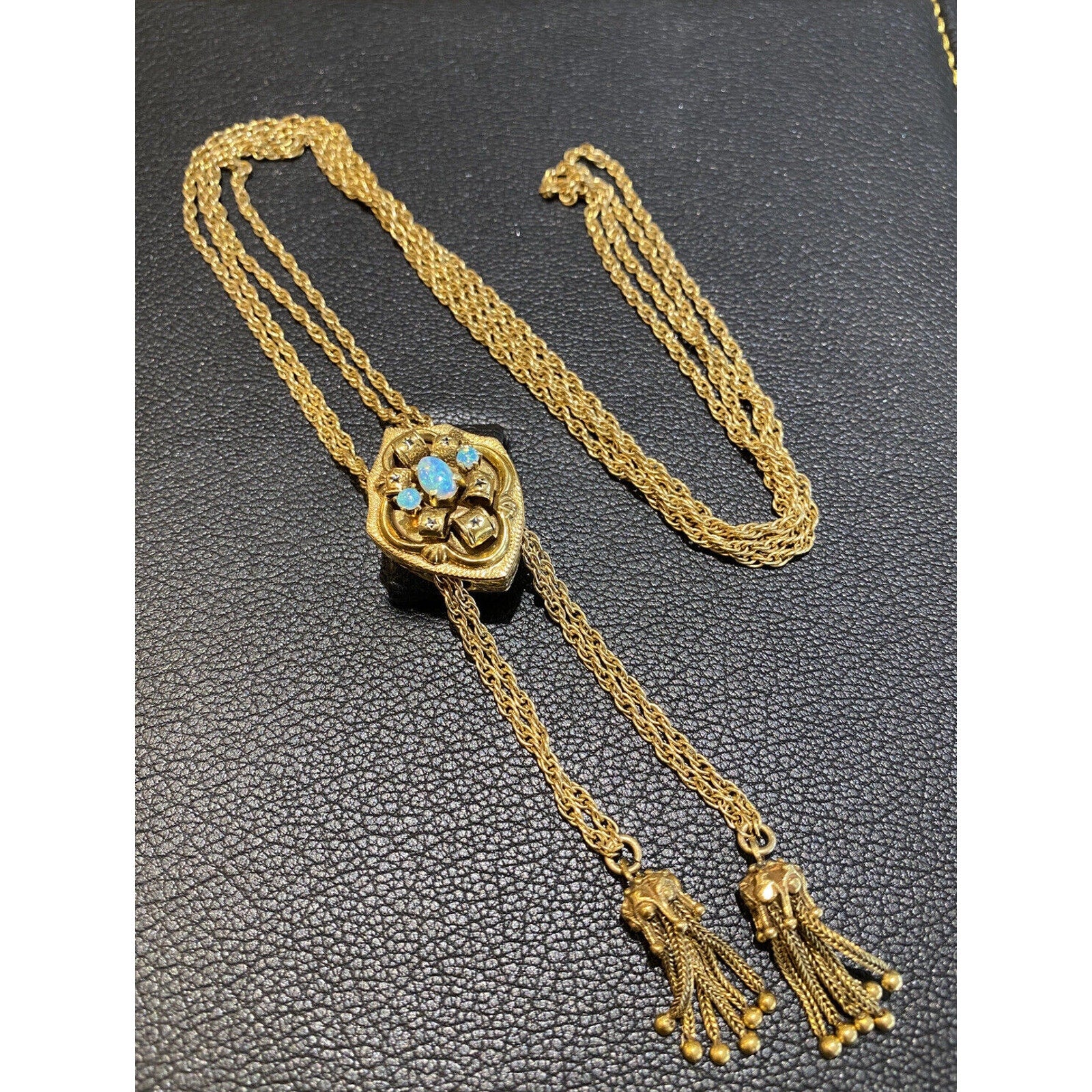 Vintage 28" Slide Tassel Necklace with Opals in 14k Yellow Gold