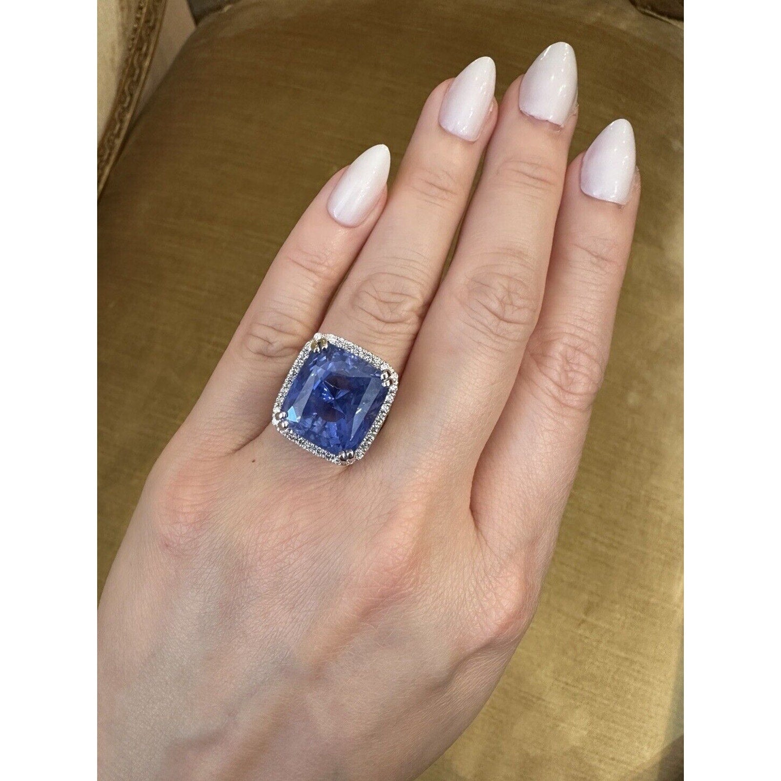 GIA 26.75cts Unheated Ceylon Sapphire in Diamond Halo Platinum Ring- C300ZR