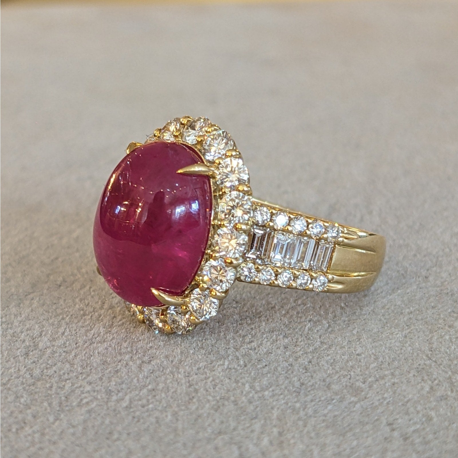 GIA Burma Cabochon Ruby 13.60 ct and Diamond Ring in 18k Yellow Gold