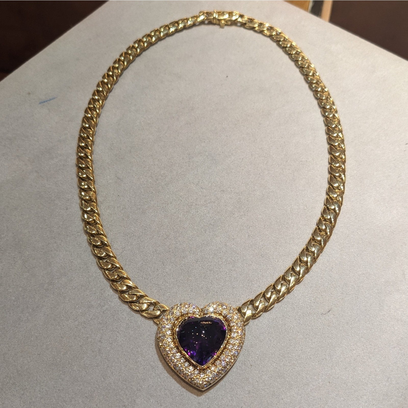 Heart Amethyst and Diamond Pendant Choker Necklace in 18k Yellow Gold