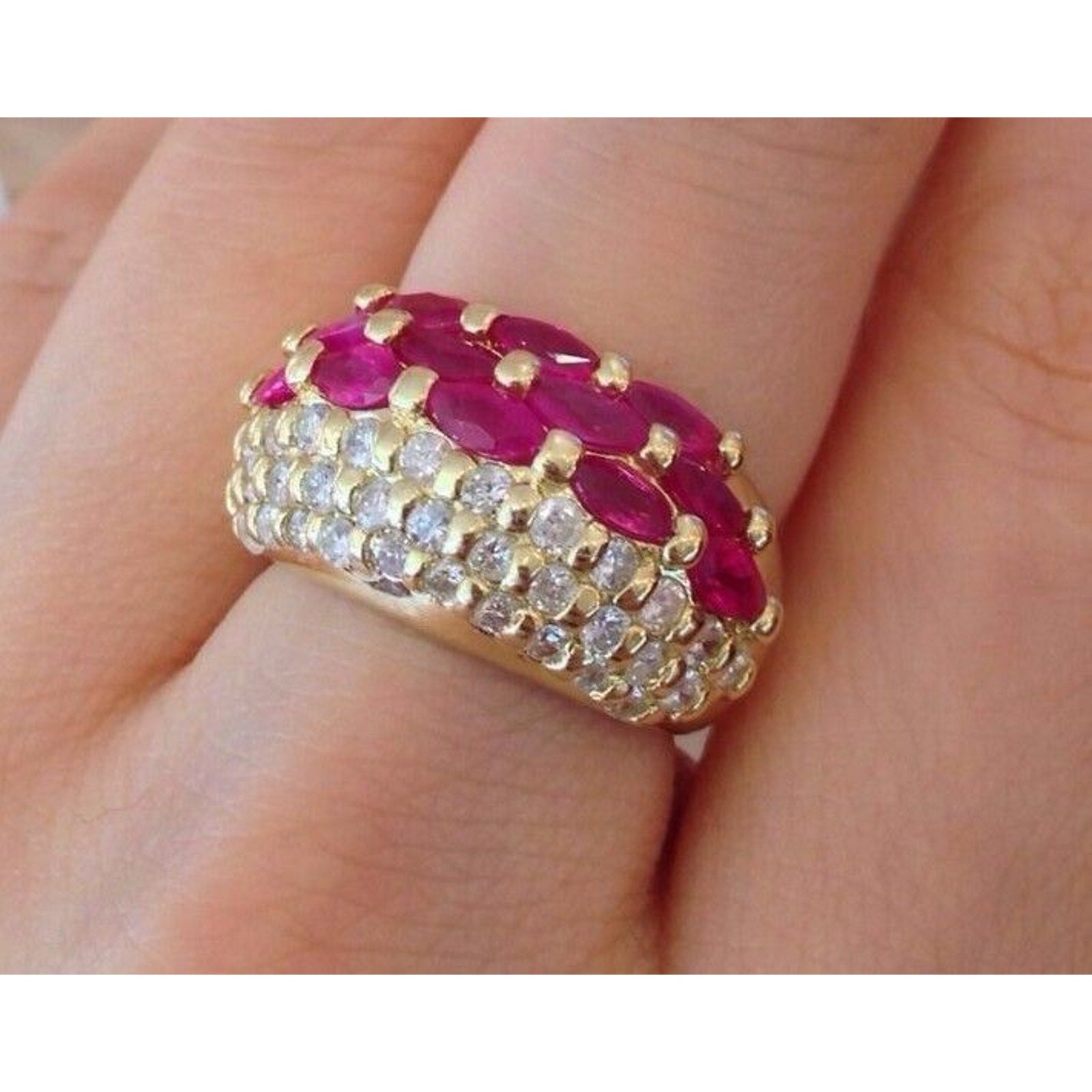 Marquise Ruby and Round Diamond Band Ring in 18K Yellow Gold