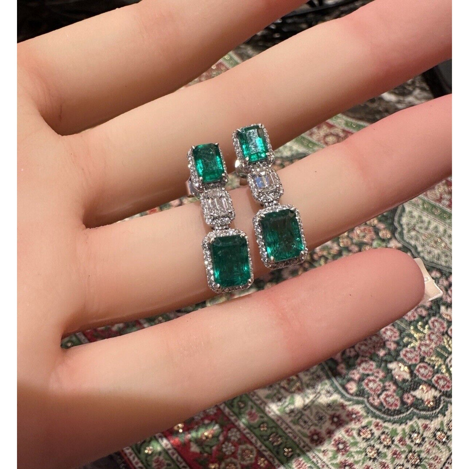 Natural Emerald and Diamond Drop Earrings in 18k White Gold