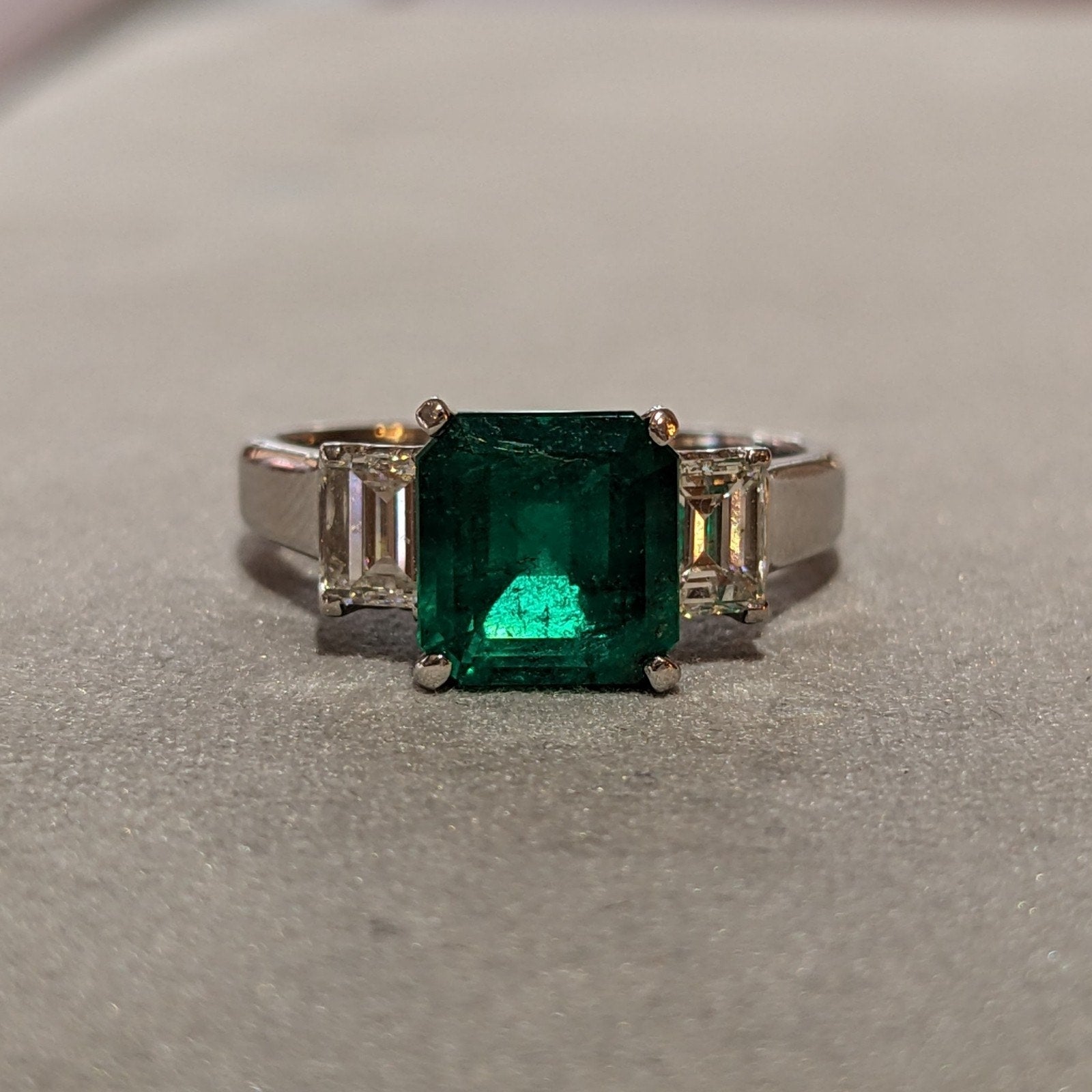 GIA 1.56 ct Colombian Emerald and Diamond 3-Stone Ring in Platinum