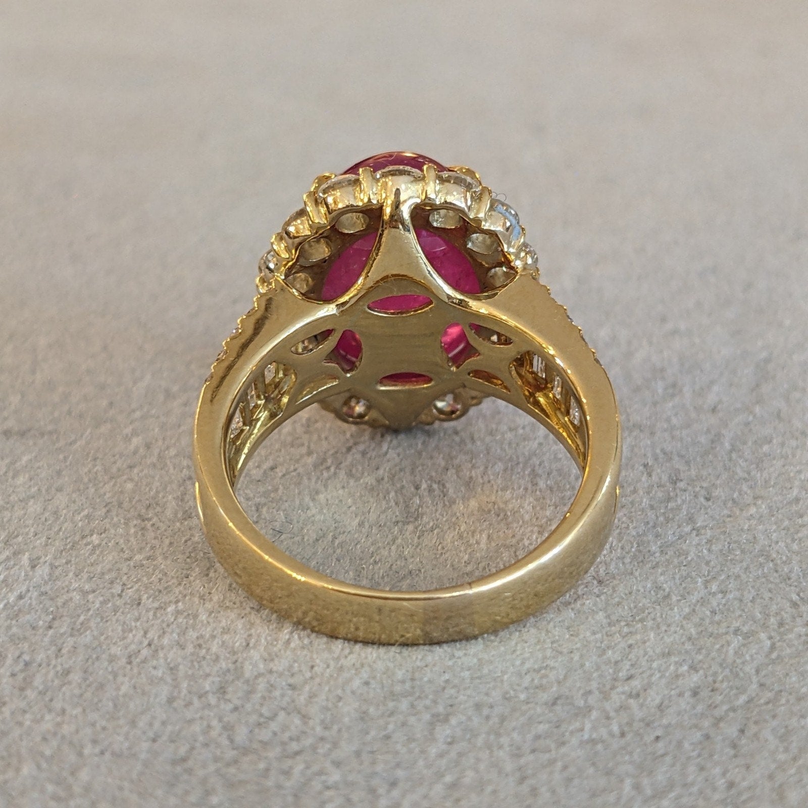 GIA Burma Cabochon Ruby 13.60 ct and Diamond Ring in 18k Yellow Gold