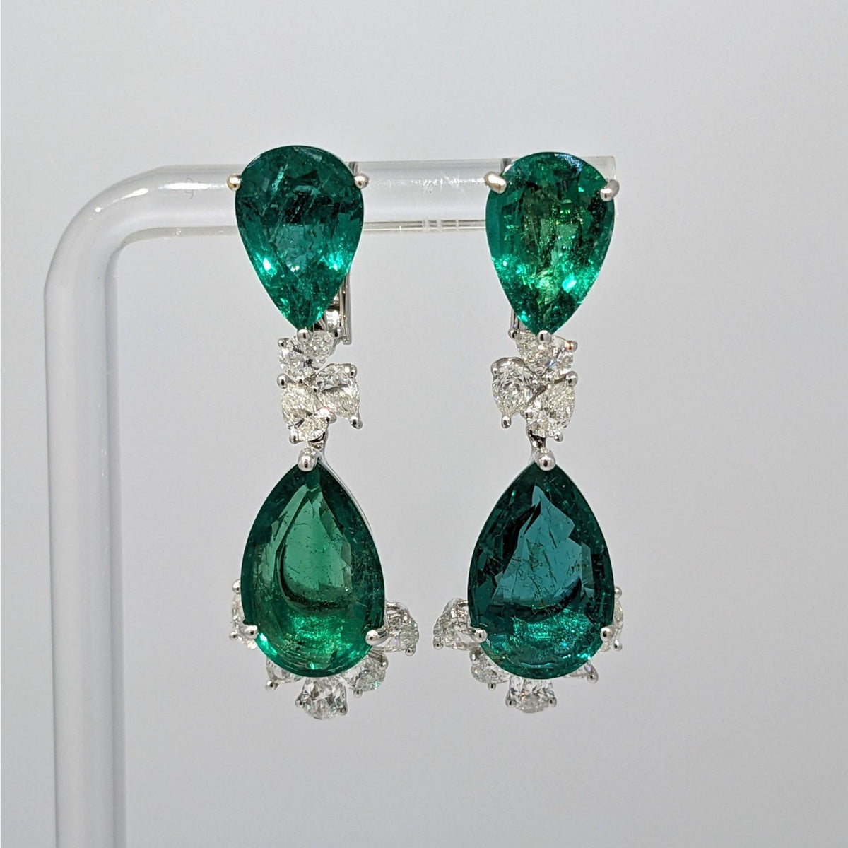 AGL Pear Emerald & Diamond Necklace Earrings Set in 18k White Gold