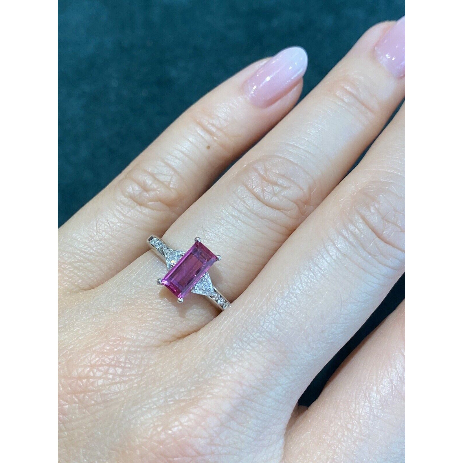 Rectangular Pink Tourmaline and Trillion Diamond Ring in Platinum