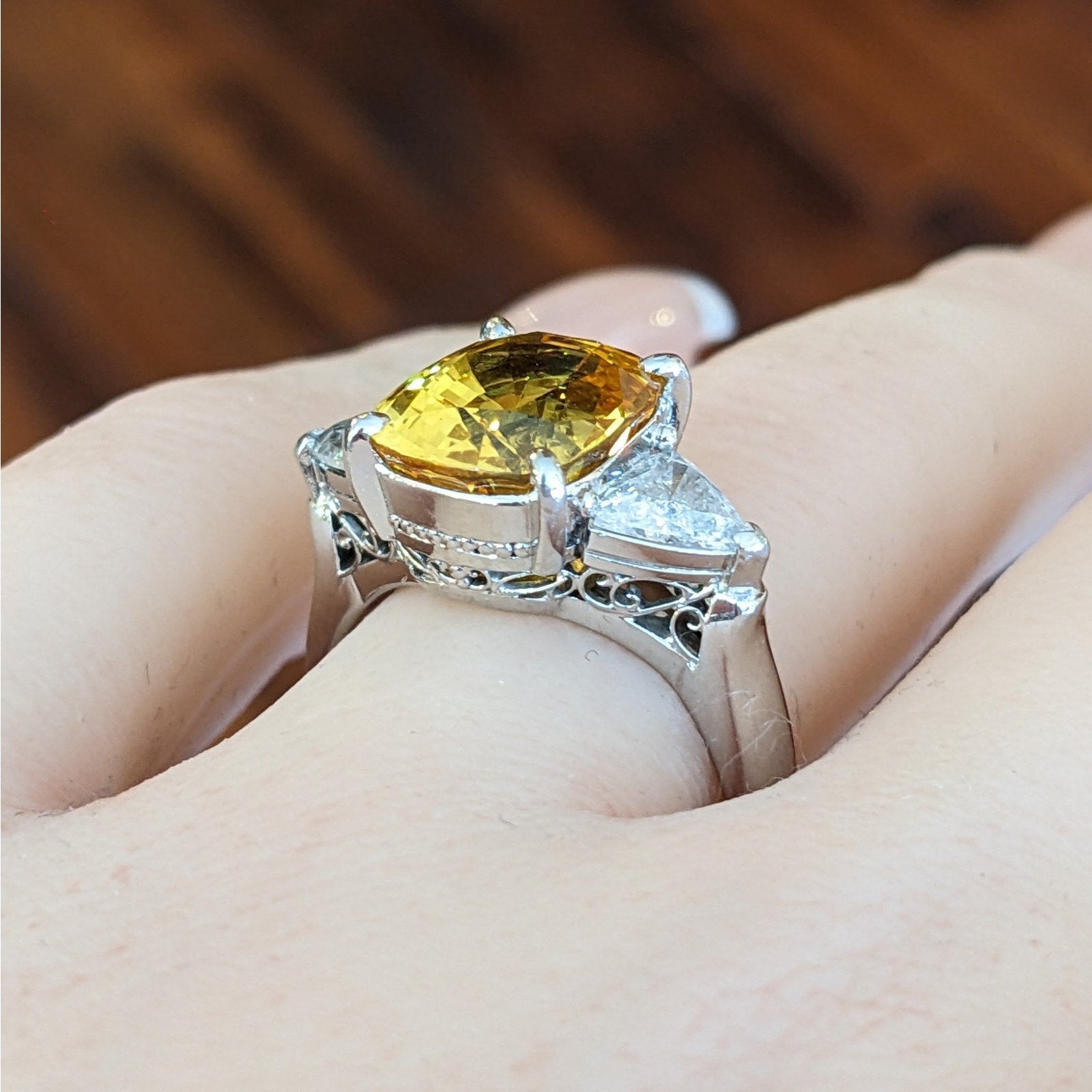 GIA 6.50cts Cushion Yellow Sapphire & Diamond 3-Stone Ring in Platinum
