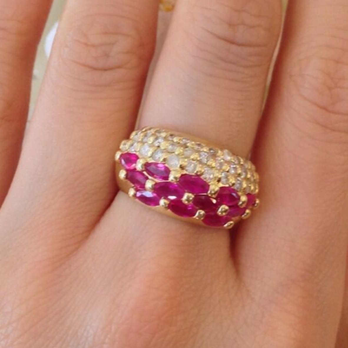 Marquise Ruby and Round Diamond Band Ring in 18K Yellow Gold