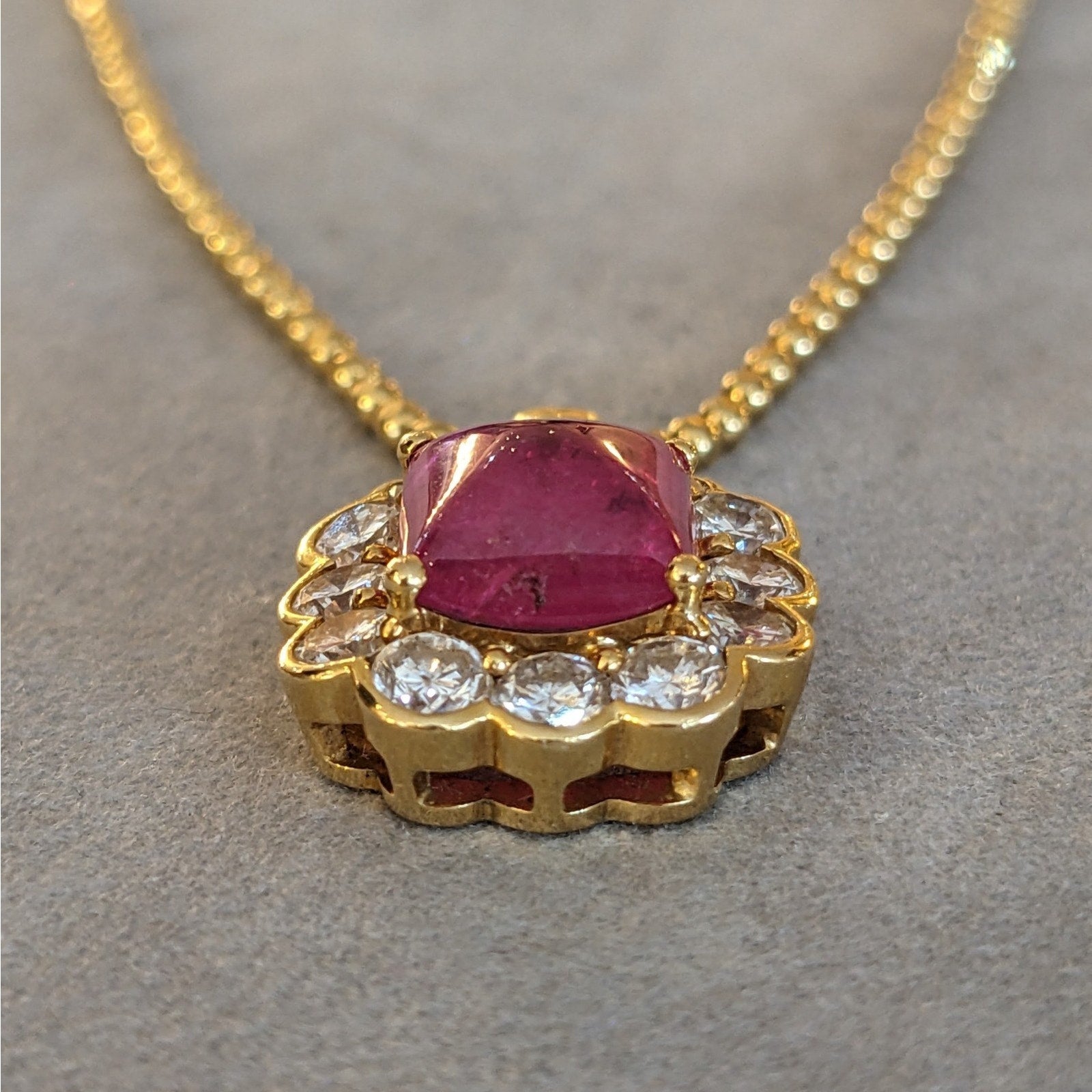 GIA 4.97 ct UnHeated Cabochon Ruby Necklace Halo Diamonds in 18k Yellow Gold