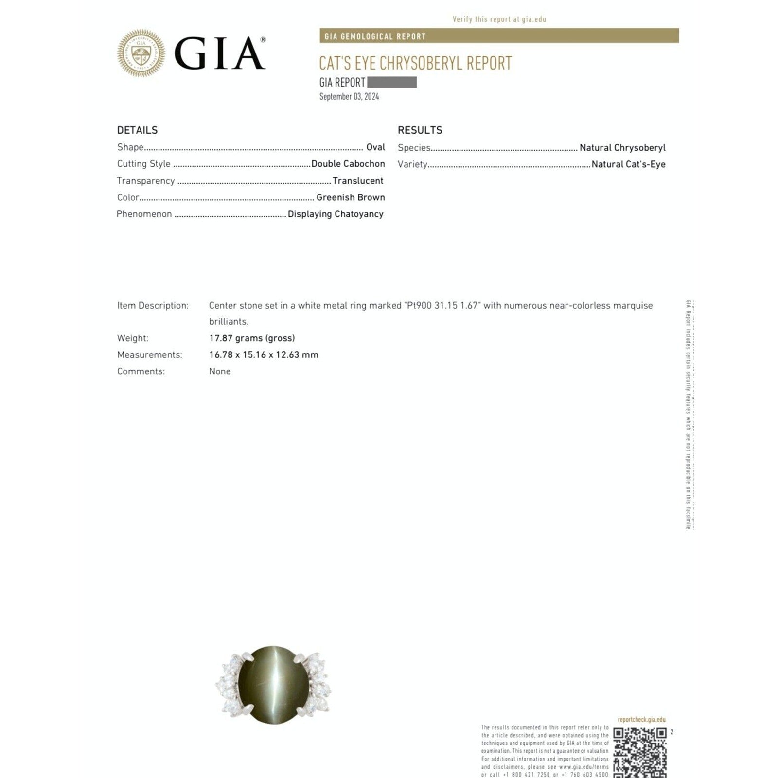 GIA Cat's Eye Chrysoberyl 31.15 ct and Diamond Ring in Platinum