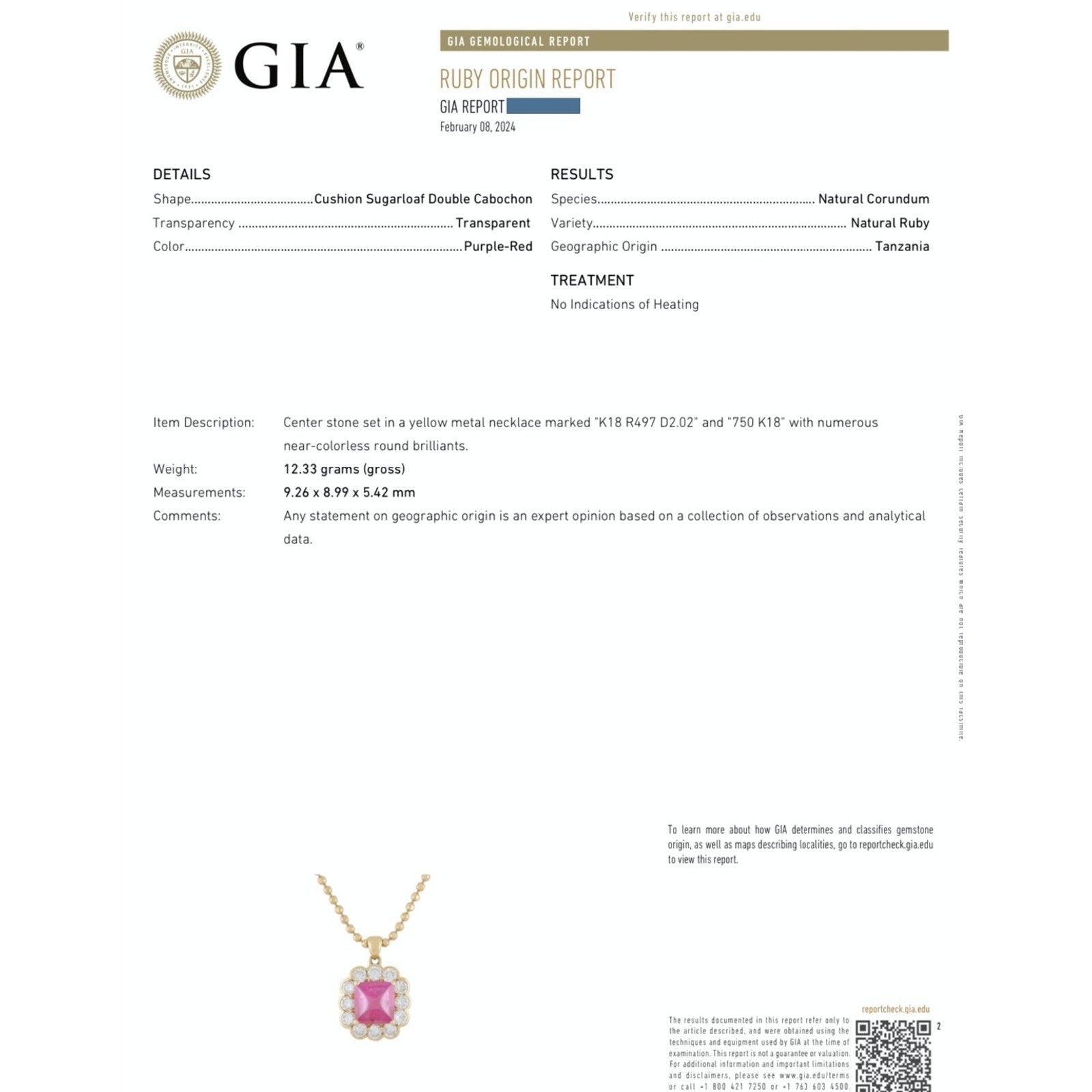 GIA 4.97 ct UnHeated Cabochon Ruby Necklace Halo Diamonds in 18k Yellow Gold