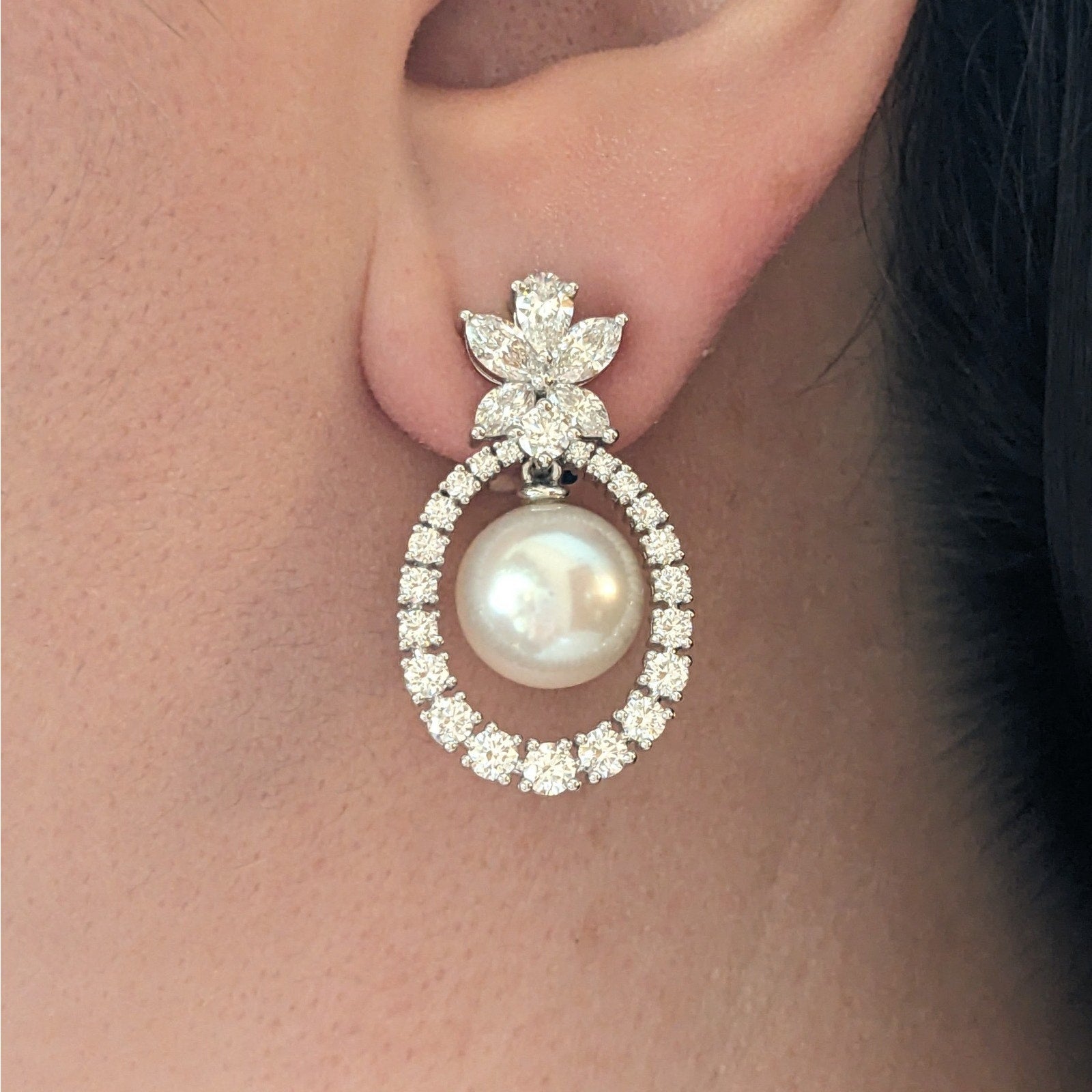 Natural Diamond and Pearl Dangle Earrings in 18k White Gold