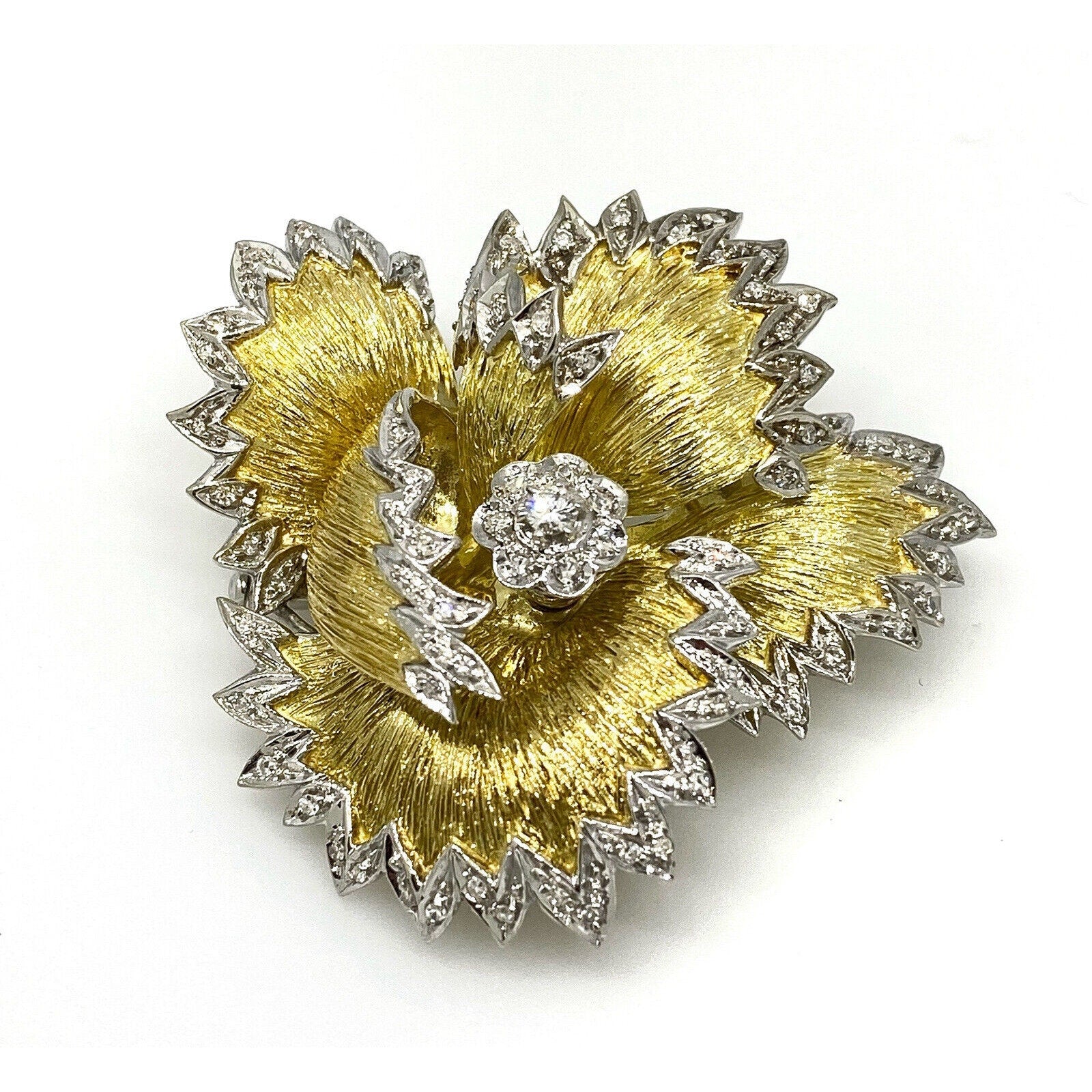 Large Estate Diamond Flower Brooch/Pendant 18k/14k Yellow & White Gold