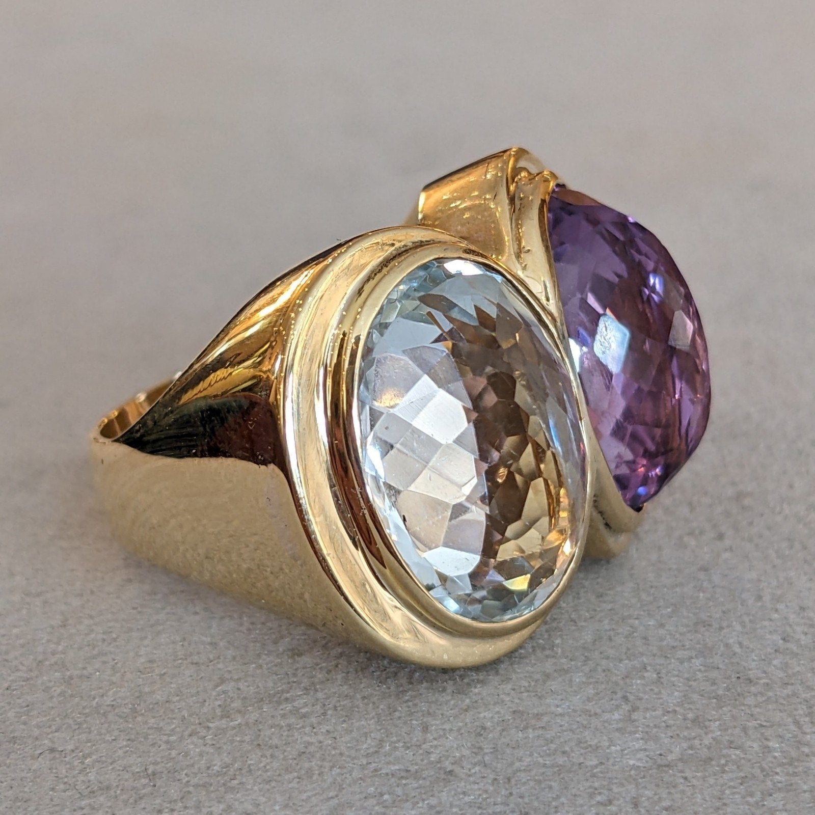Large Aquamarine and Amethyst Statement Ring in 18k Yellow Gold