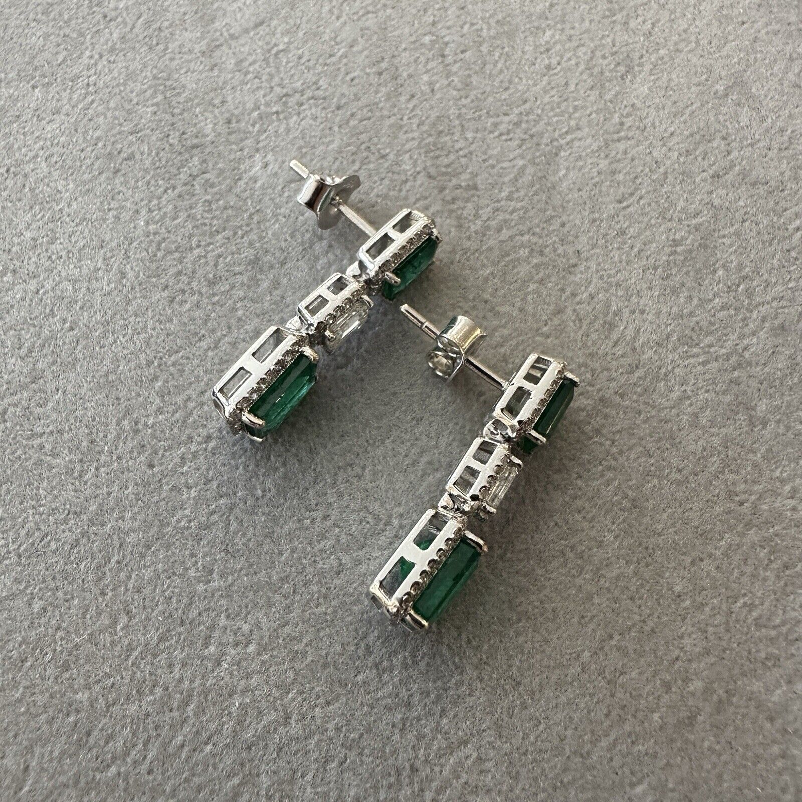 Natural Emerald and Diamond Drop Earrings in 18k White Gold