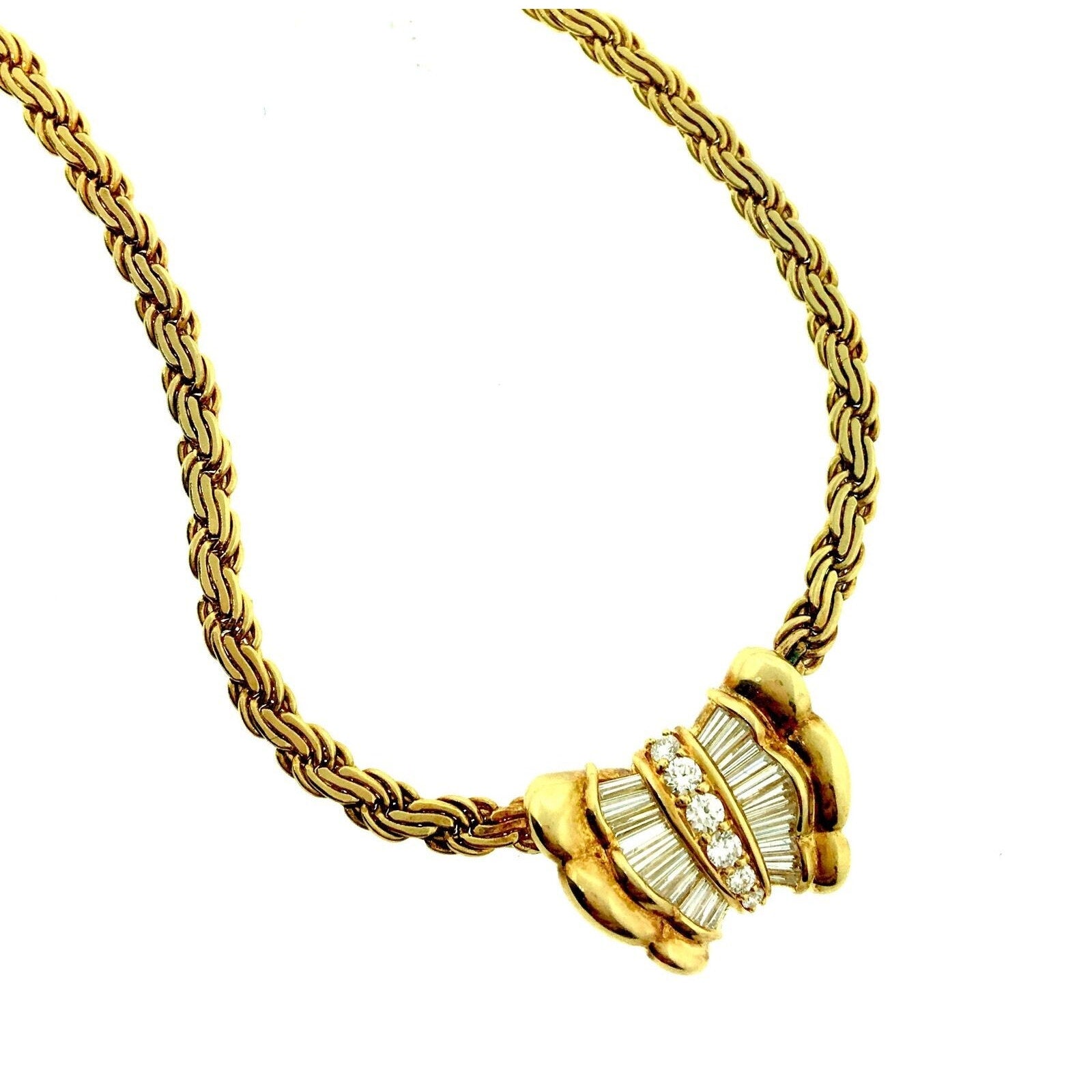 Diamond Pendant Necklace with Baguettes, 17 inches in 18k Yellow Gold