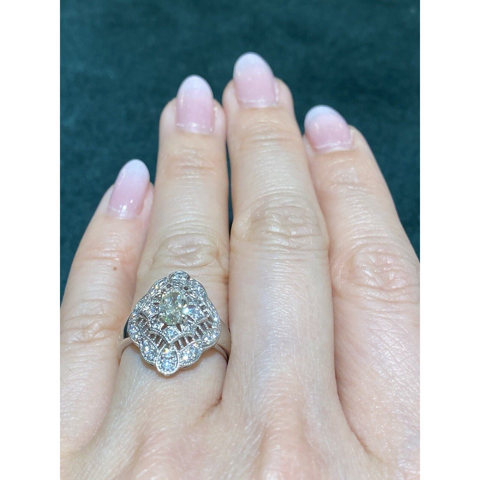Oval Diamond Navette Shaped Filigree Ring in Platinum