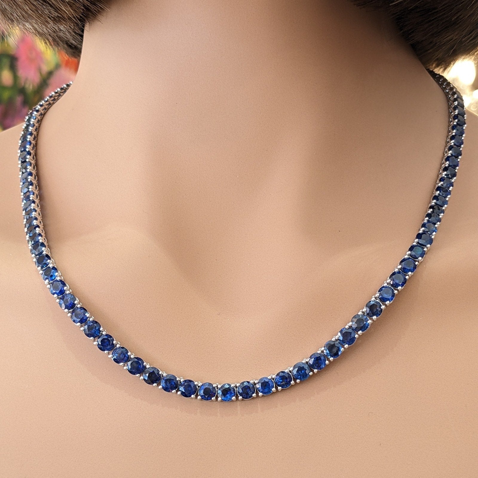Natural Blue Sapphire Riviera Tennis Necklace 20" long in 14k White Gold