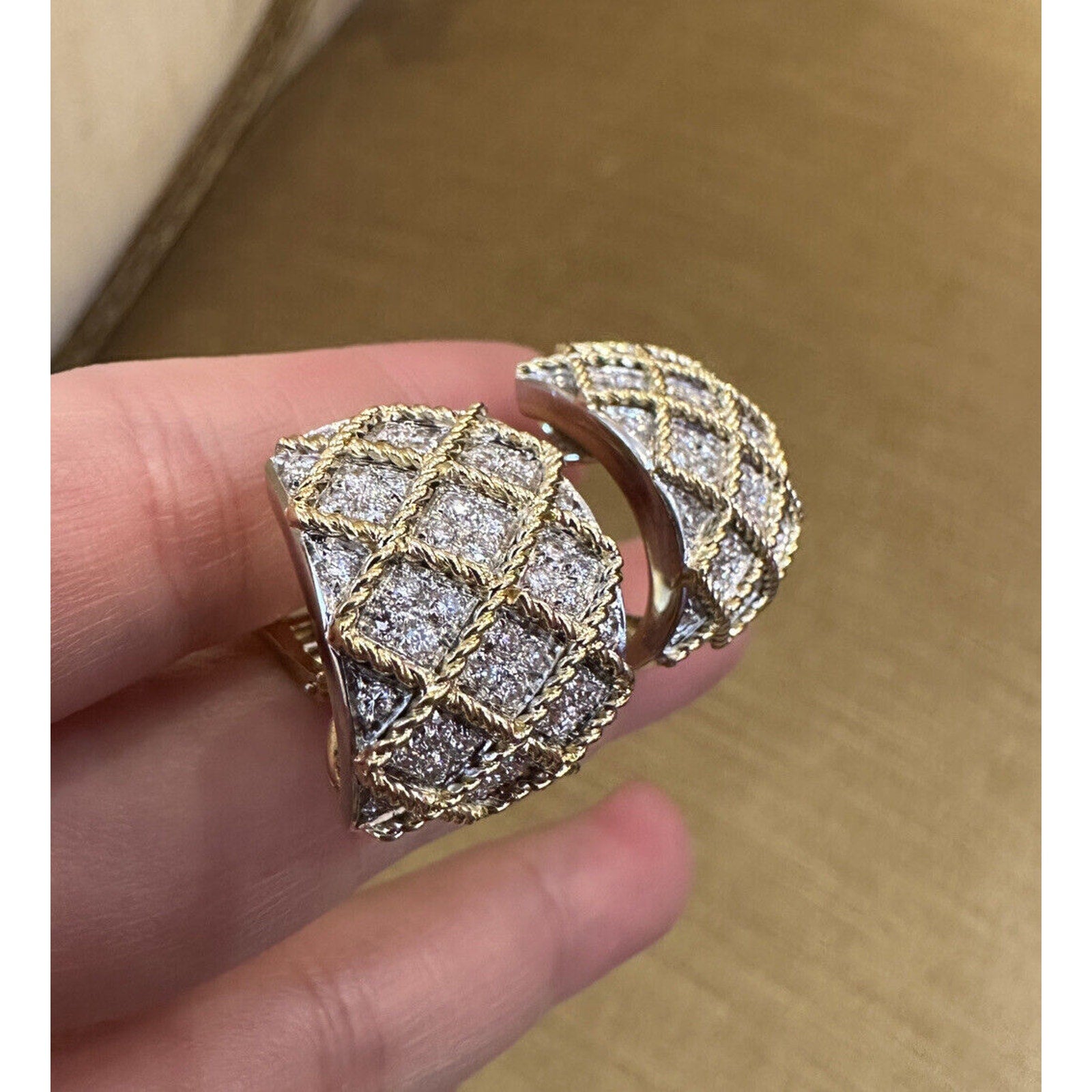 ITALIAN 3 ctw Diamond CrissCross Half Hoop Earrings in 18k Yellow Gold- HM2448AE