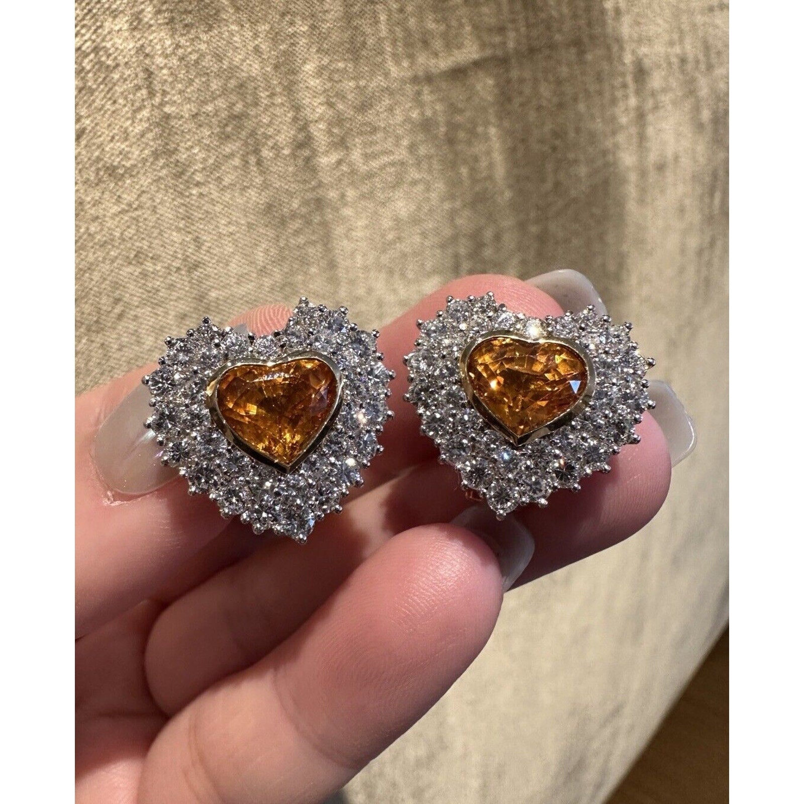 Orange Sapphire and Diamond Heart Earrings in 18k Yellow & White Gold