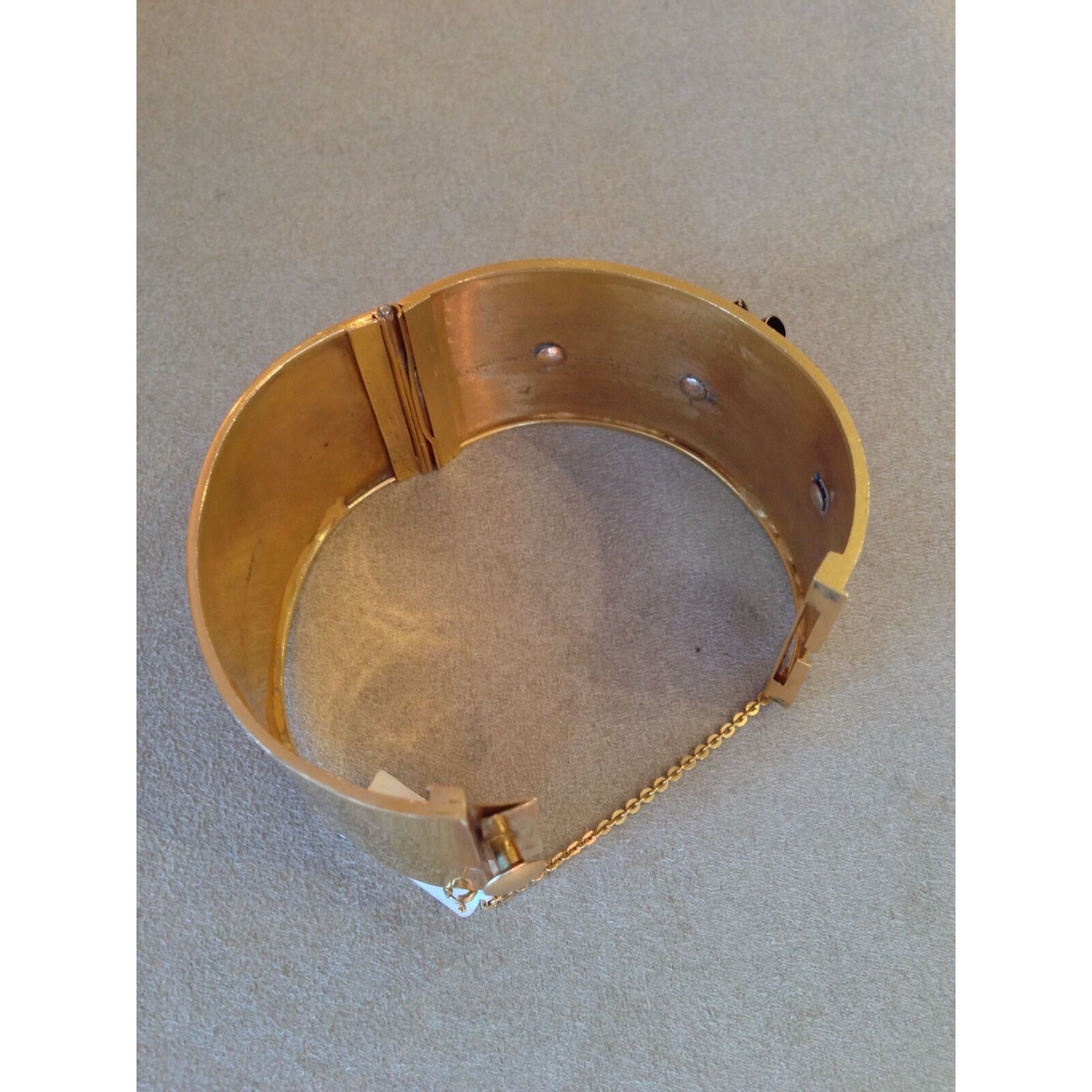 Antique Wide Gold Bangle Bracelet in 12K Yellow Gold with Emeralds