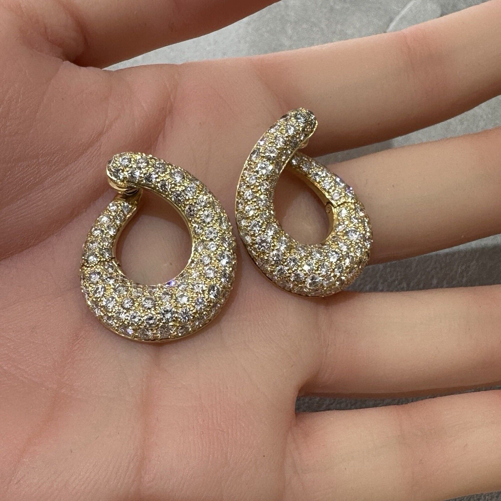 French Pave Diamond Crescent Hoop Earrings in 18k Yellow Gold
