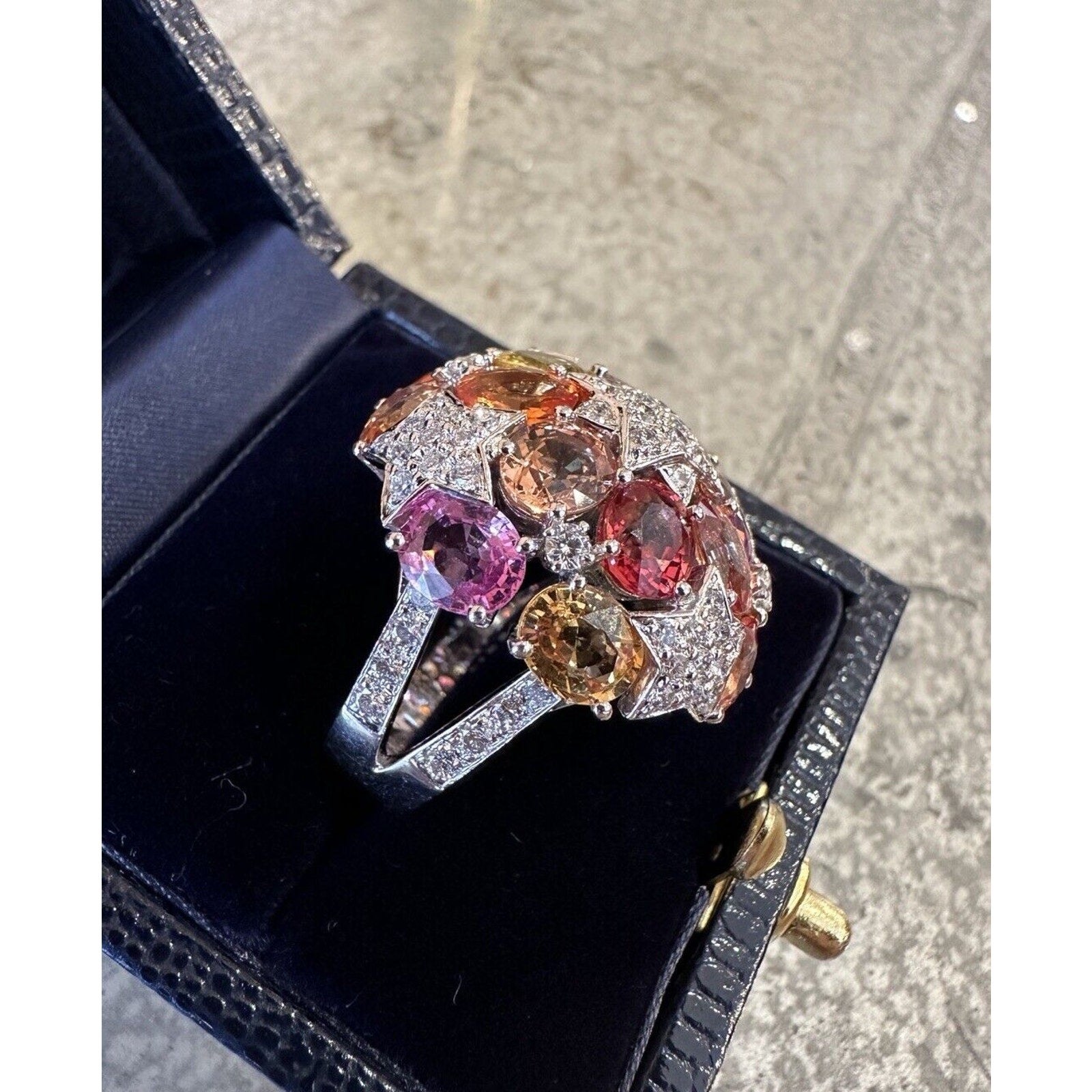 Multicolor Sapphire and Diamond Star Dome Ring in 18k White Gold