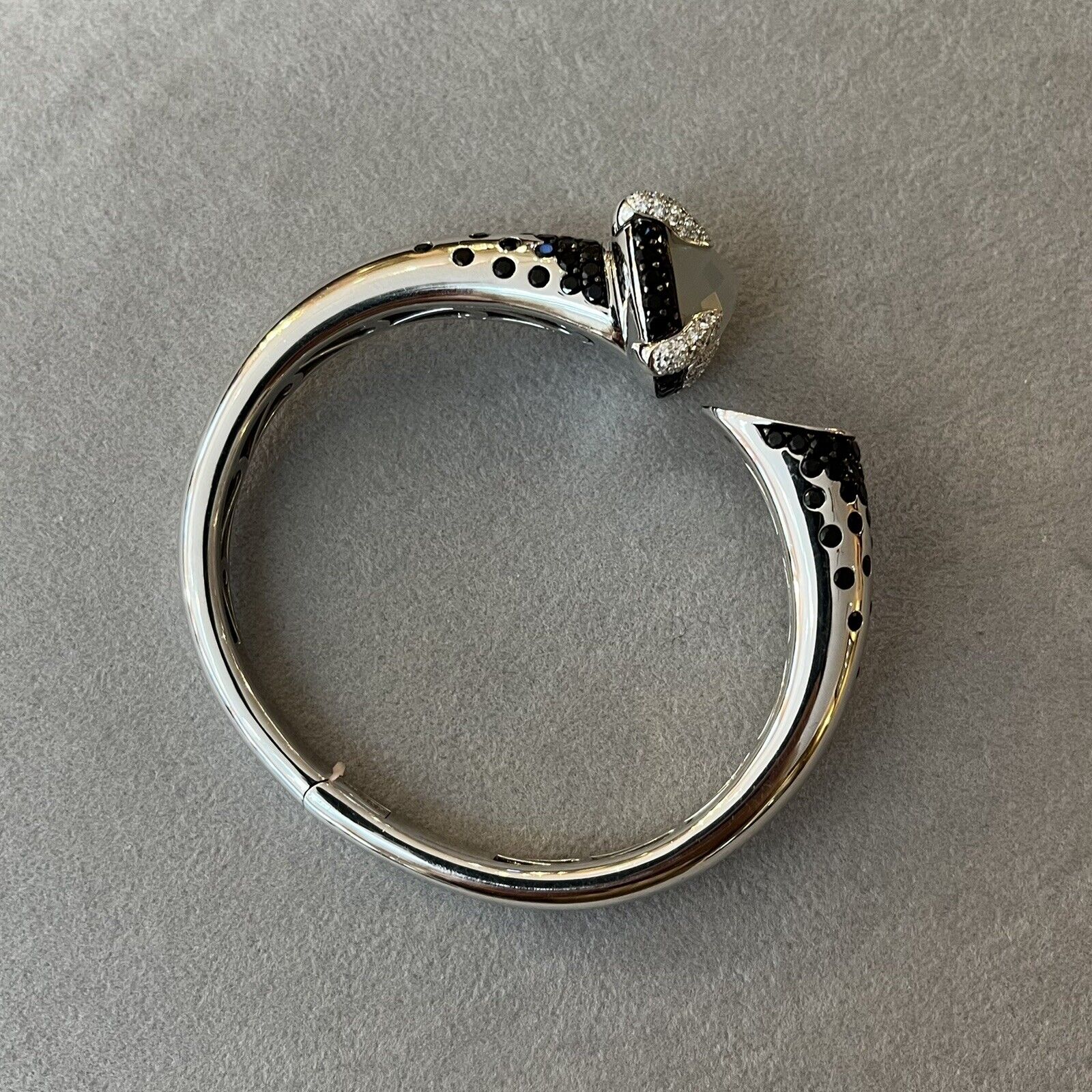 Diamond and Black Gemstone Hinged Bangle Bracelet in 18k White Gold