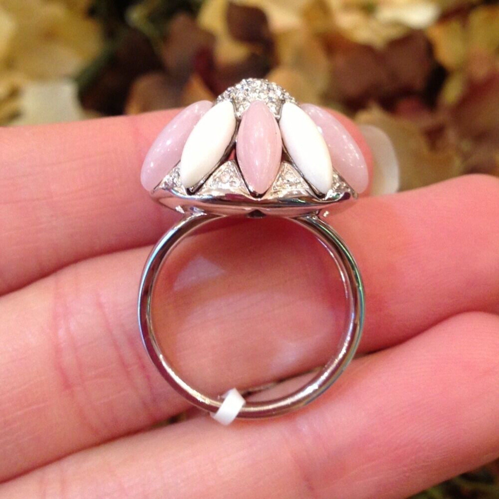 Flower Pave Diamond, Rose Quartz & Enamel Ring 18K White Gold