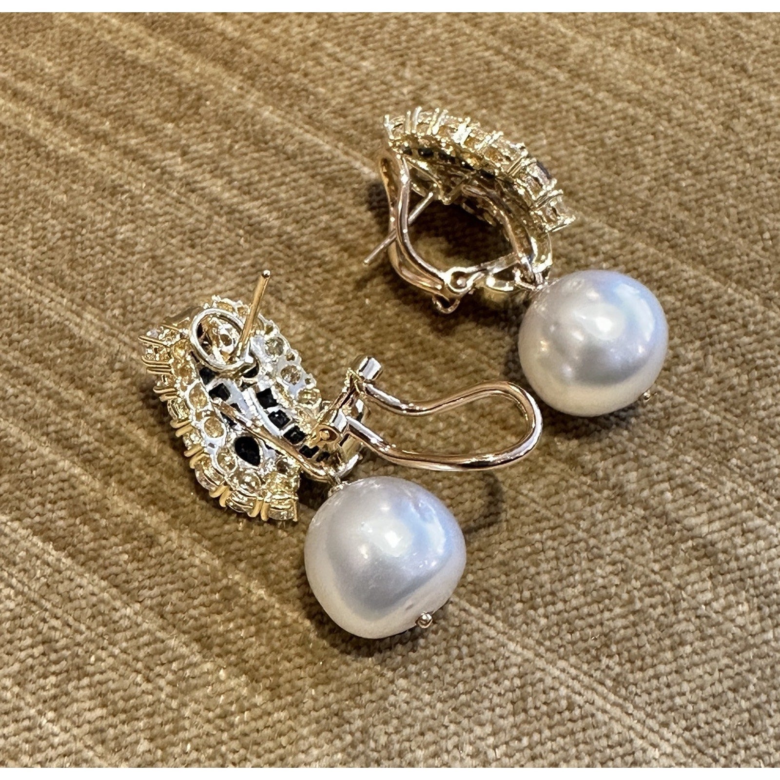 Natural Sapphire and Diamond Earring with Pearl Drop in 18k Yellow Gold