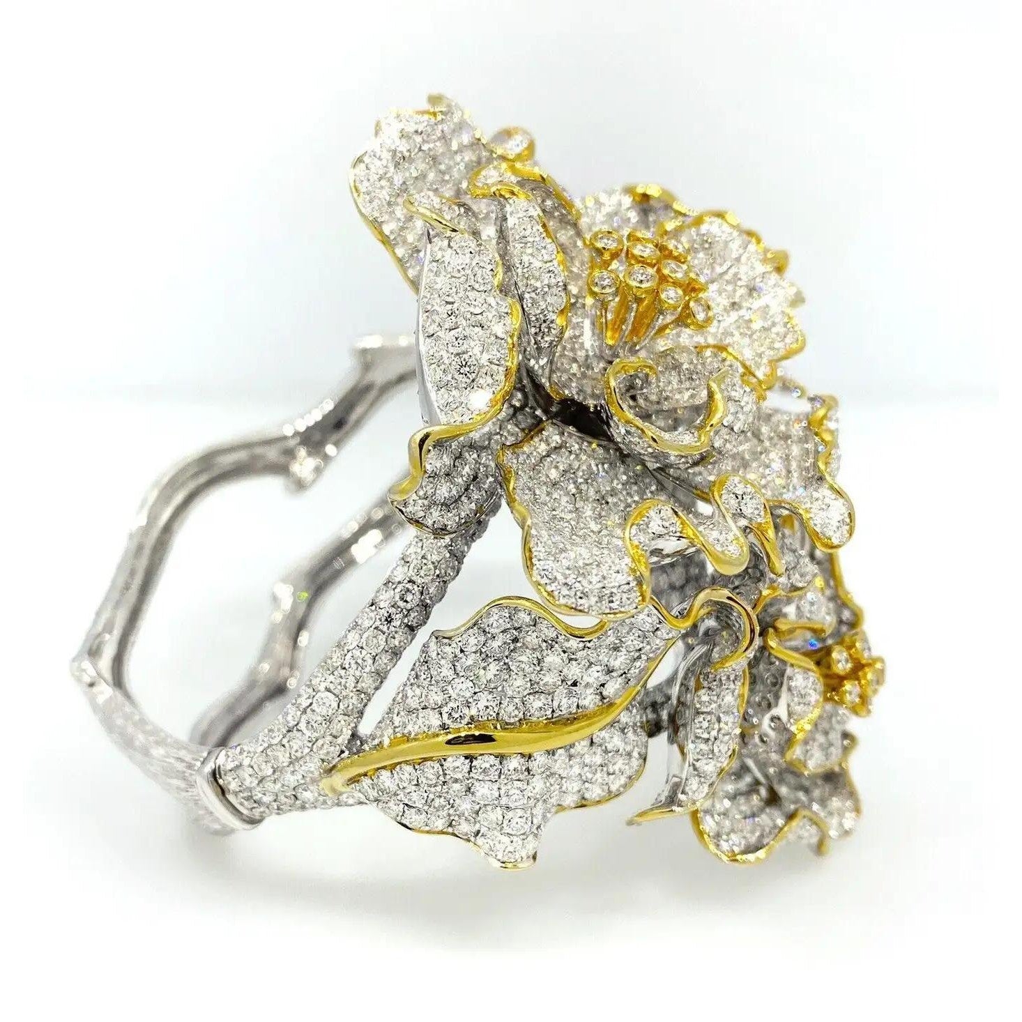 47.80 Carats Diamond Flower Bangle Bracelet in 18k White & Yellow Gold