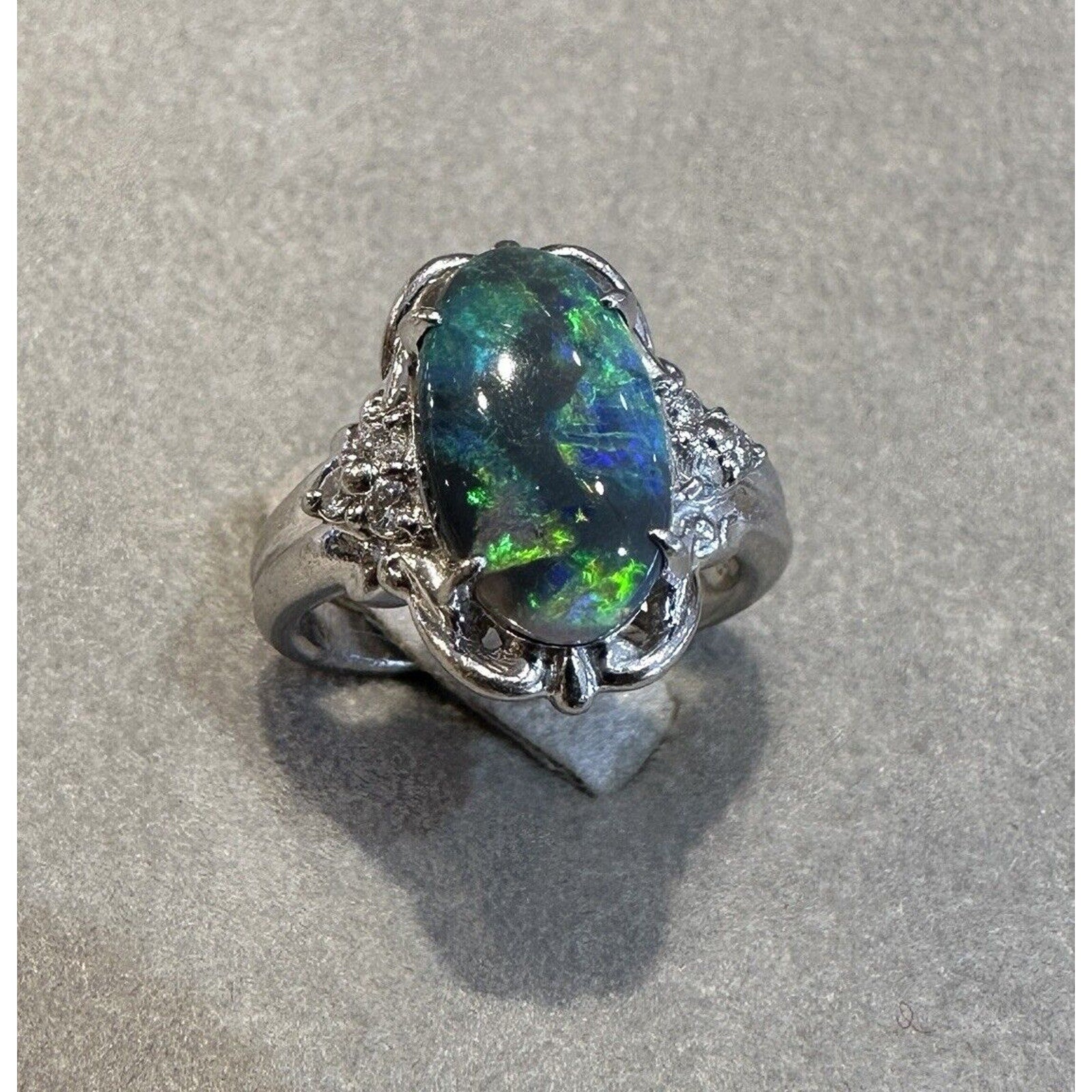 Natural Black Opal and Diamond Ring in Platinum