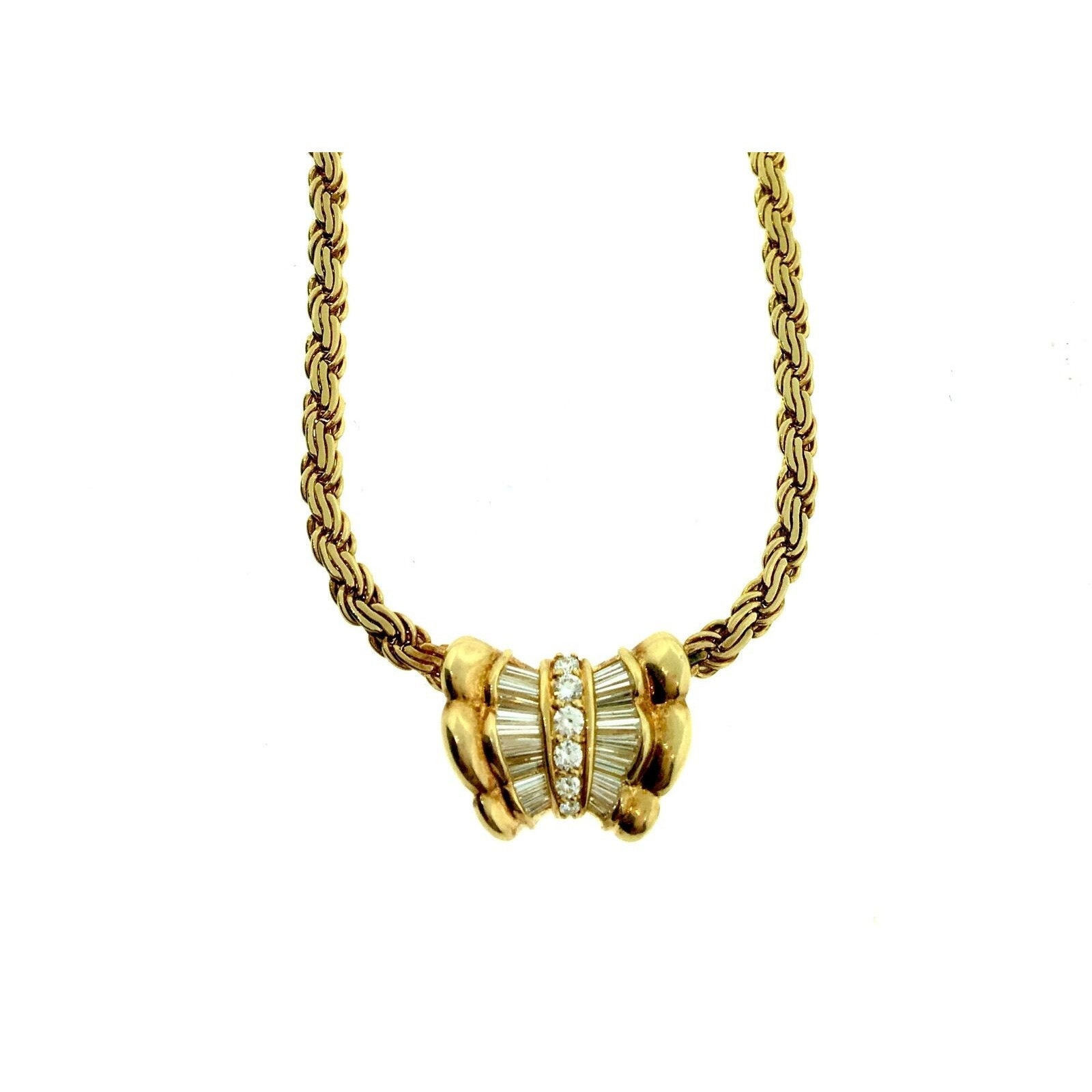 Diamond Pendant Necklace with Baguettes, 17 inches in 18k Yellow Gold