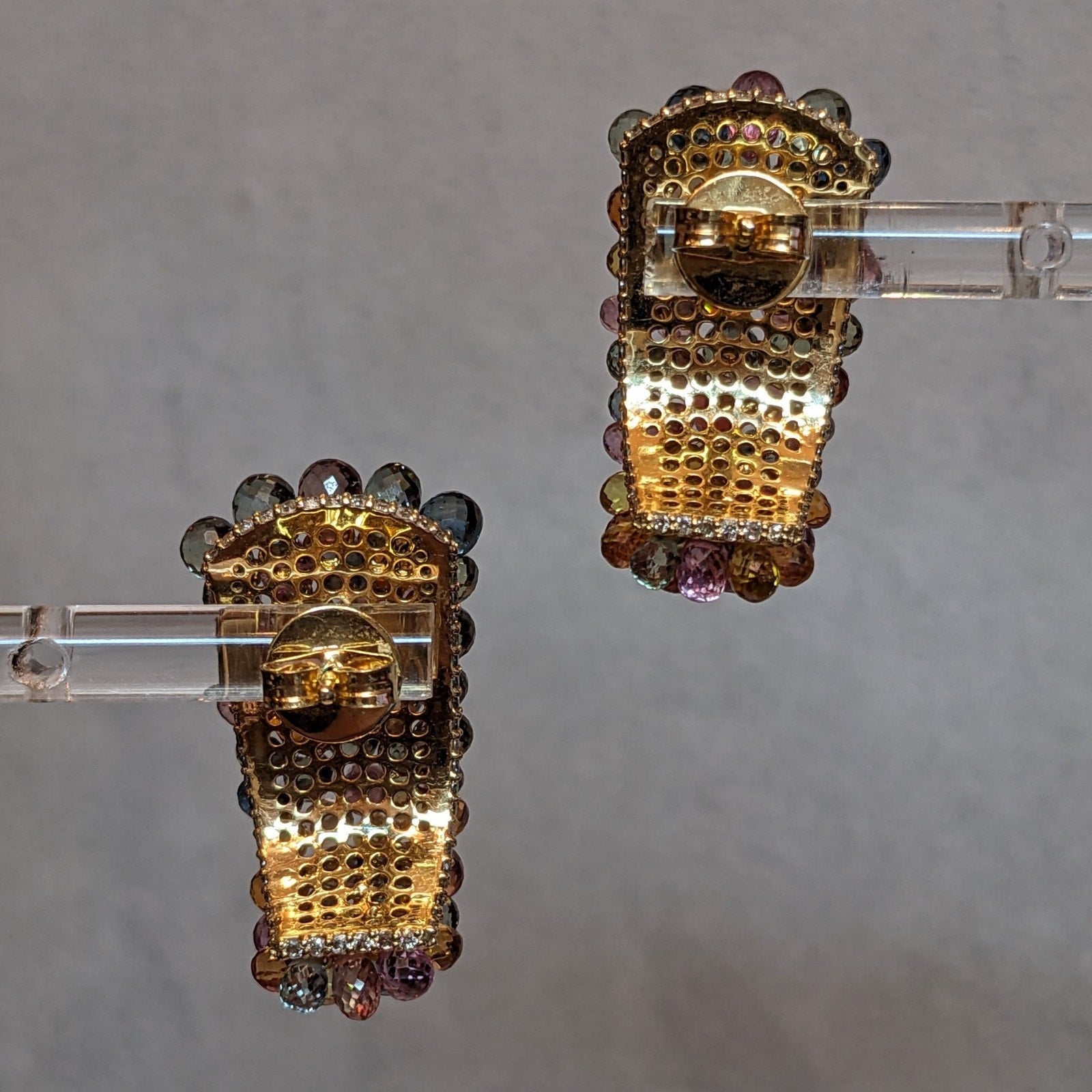 Multicolor Sapphire Briolette and Diamond Earrings in 18k Yellow Gold