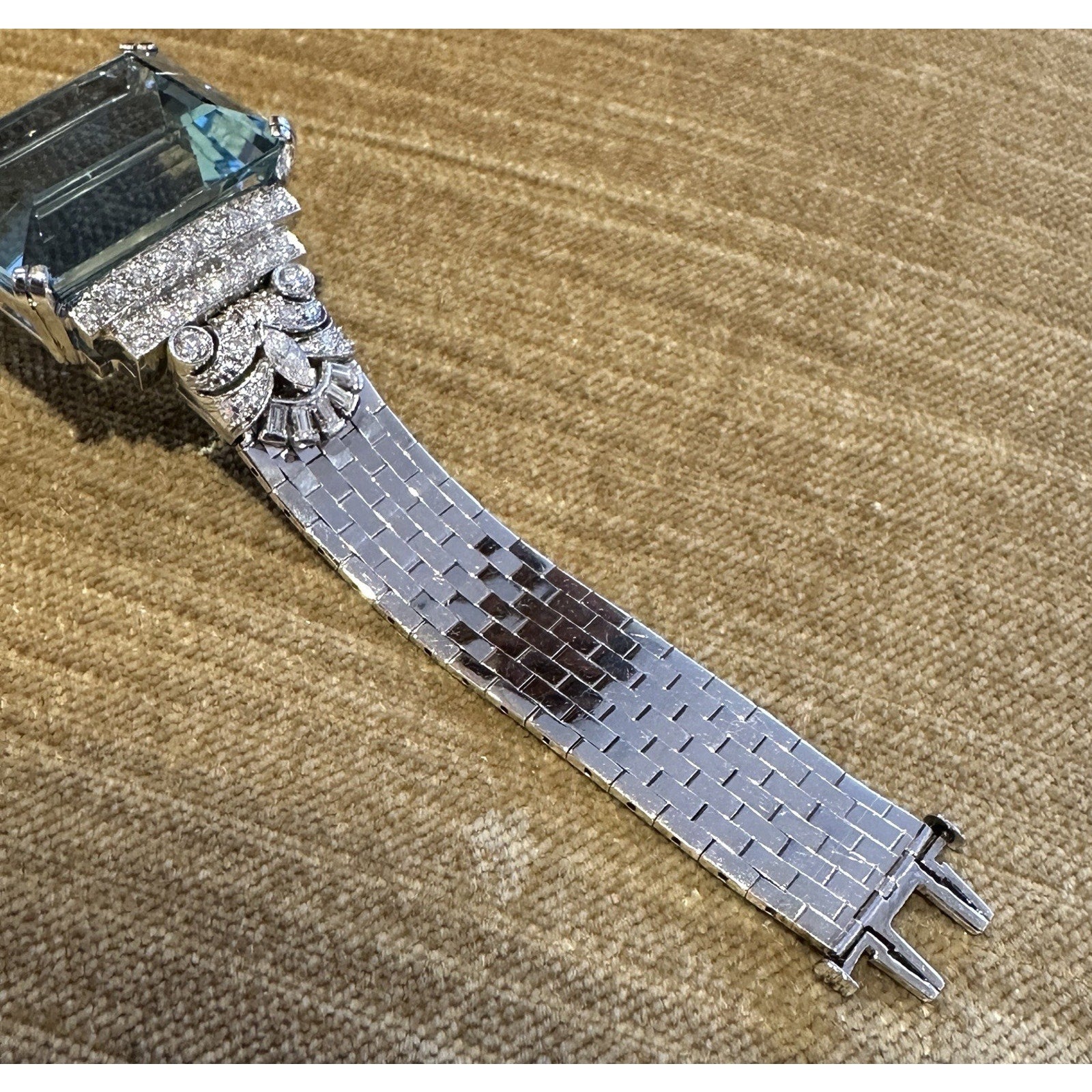 GIA Aquamarine 38.10 ct and Diamond Vintage Bracelet in Platinum and White Gold