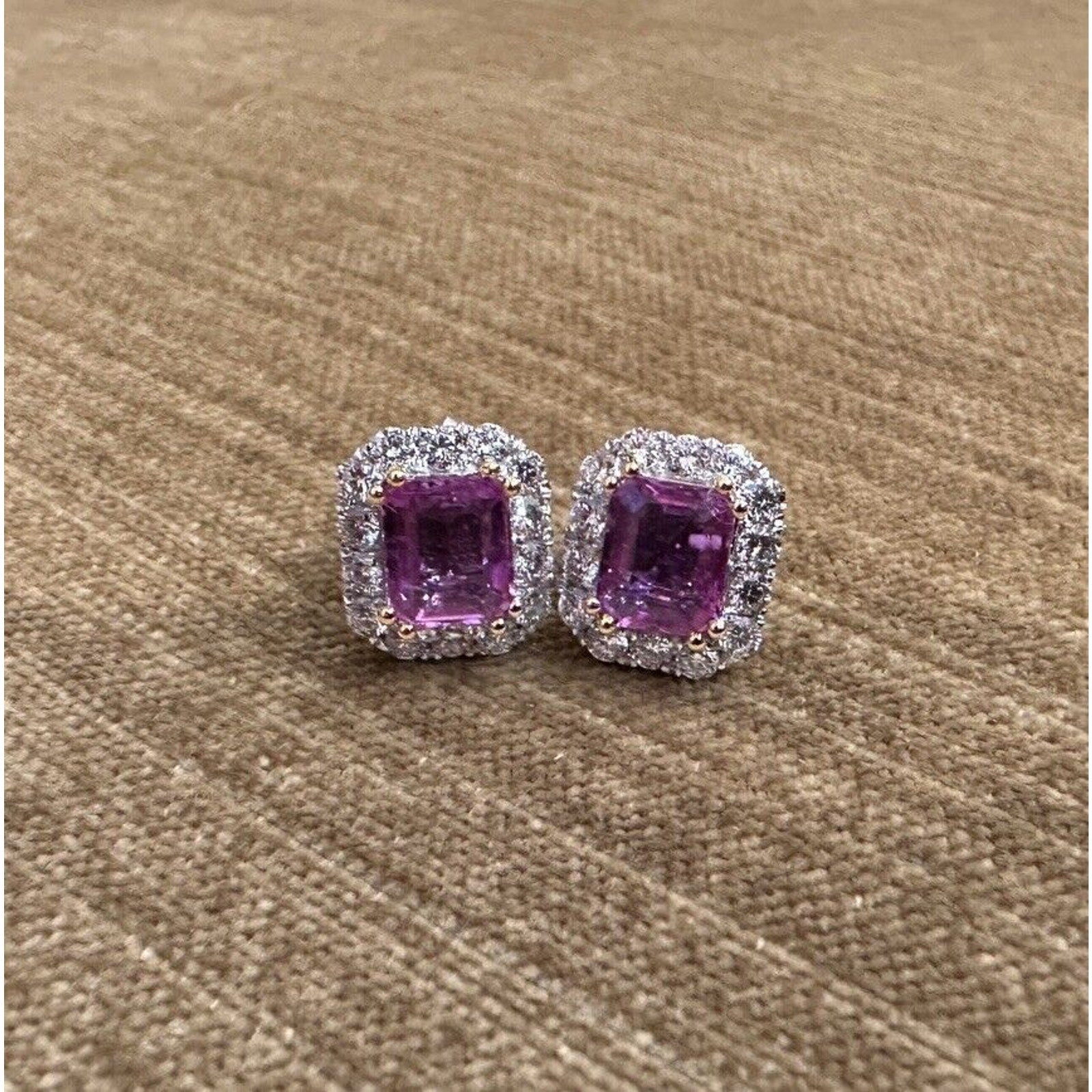 Pink Sapphire and Diamond Halo Earrings in 18k White Gold