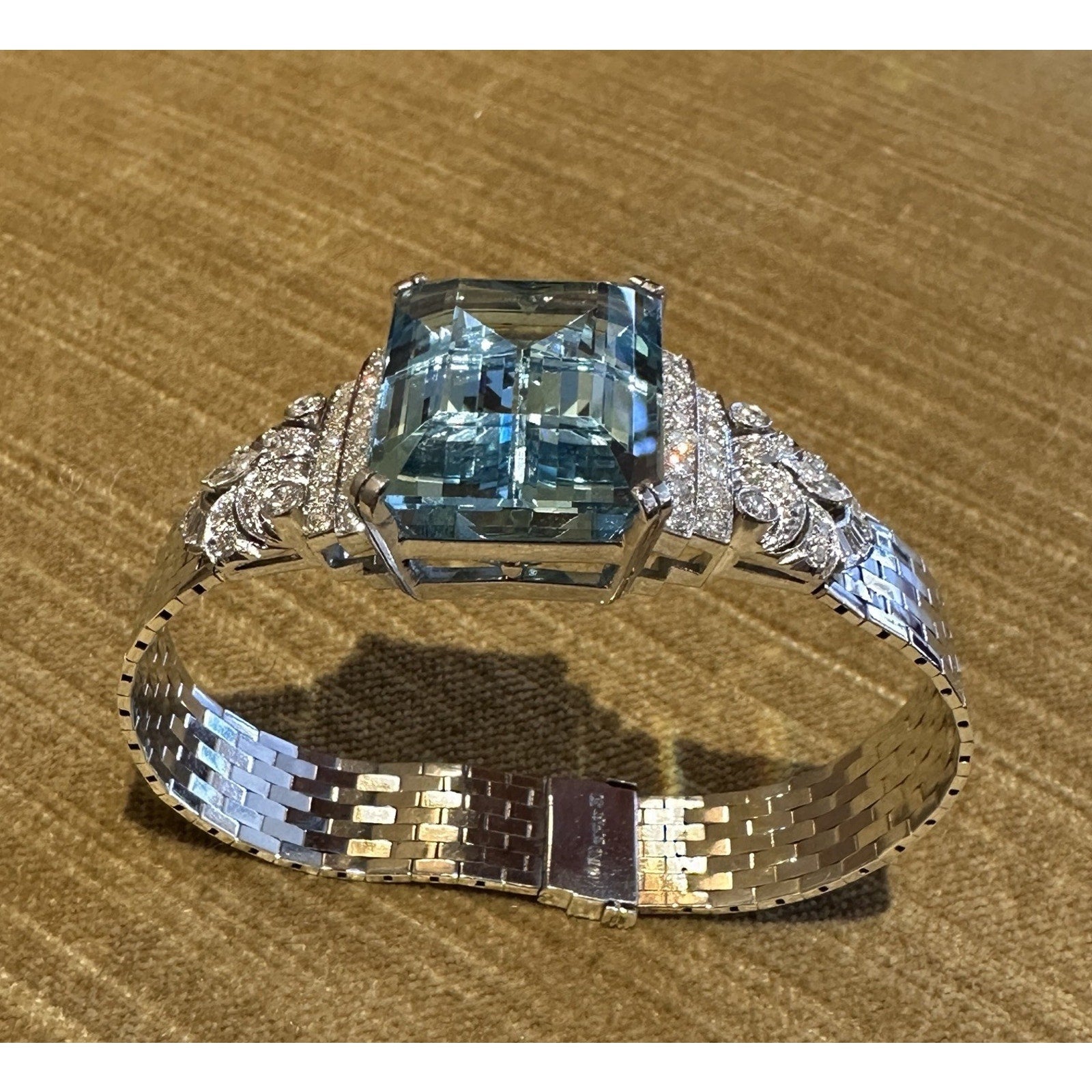 GIA Aquamarine 38.10 ct and Diamond Vintage Bracelet in Platinum and White Gold
