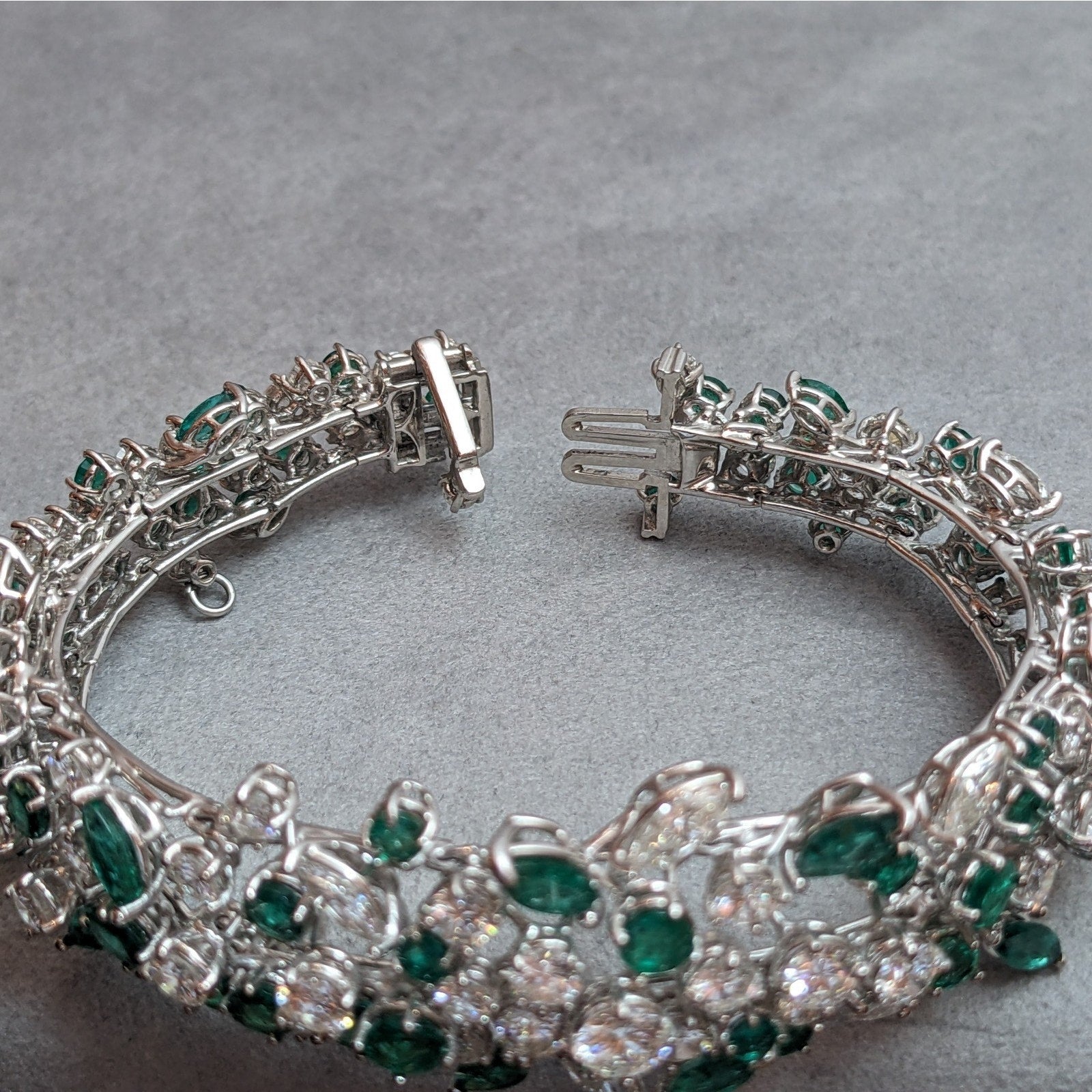 Round and Marquise Diamond and Emerald Cluster Bracelet in Platinum & 14k