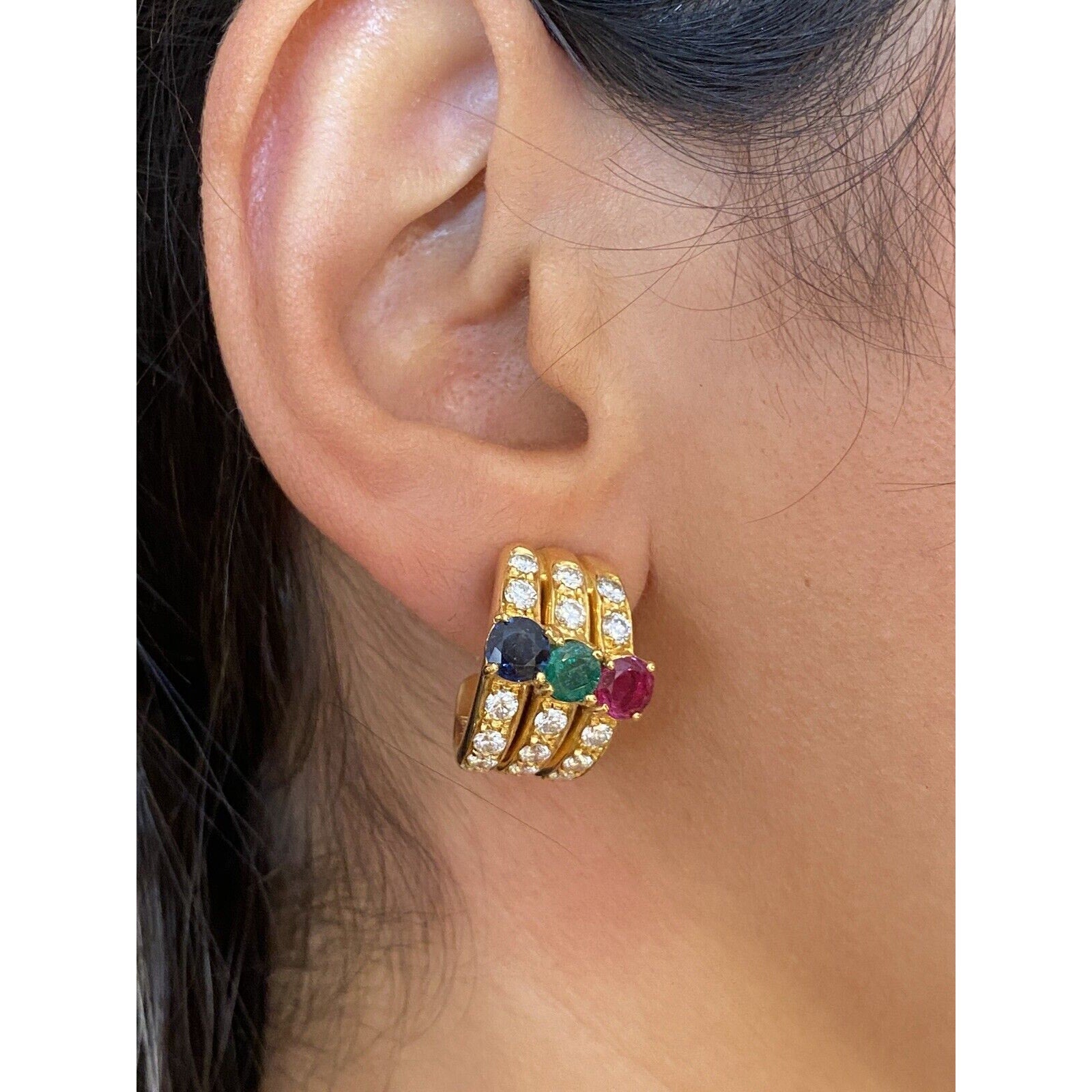 Diamond, Ruby, Emerald, Sapphire Half Hoop Earrings in 18k Yellow Gold