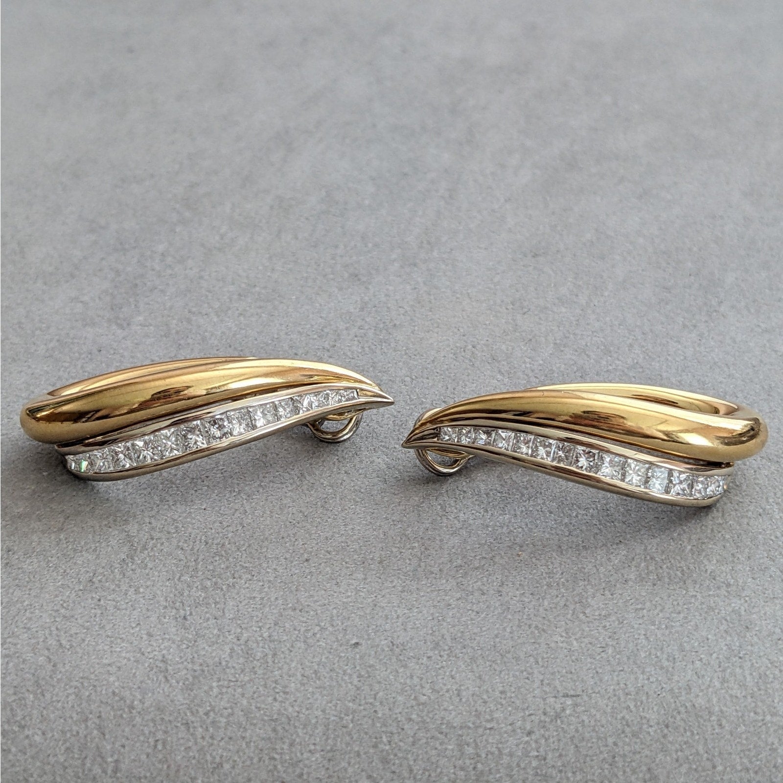 Princess and Baguette Diamond Hoop Earrings in 18k White/Yellow Gold