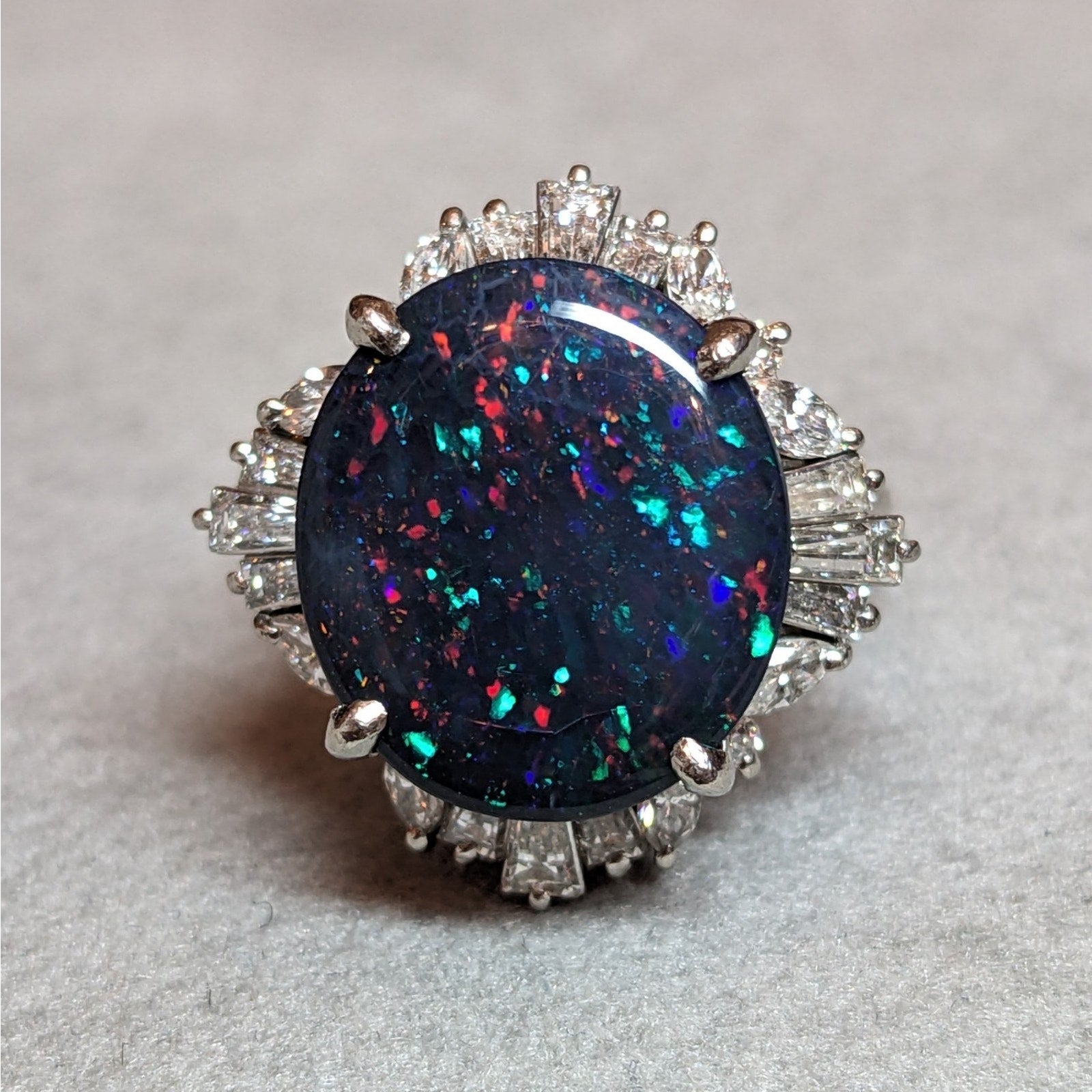Natural 6.67 ct Black Opal & Diamond Ring in Platinum