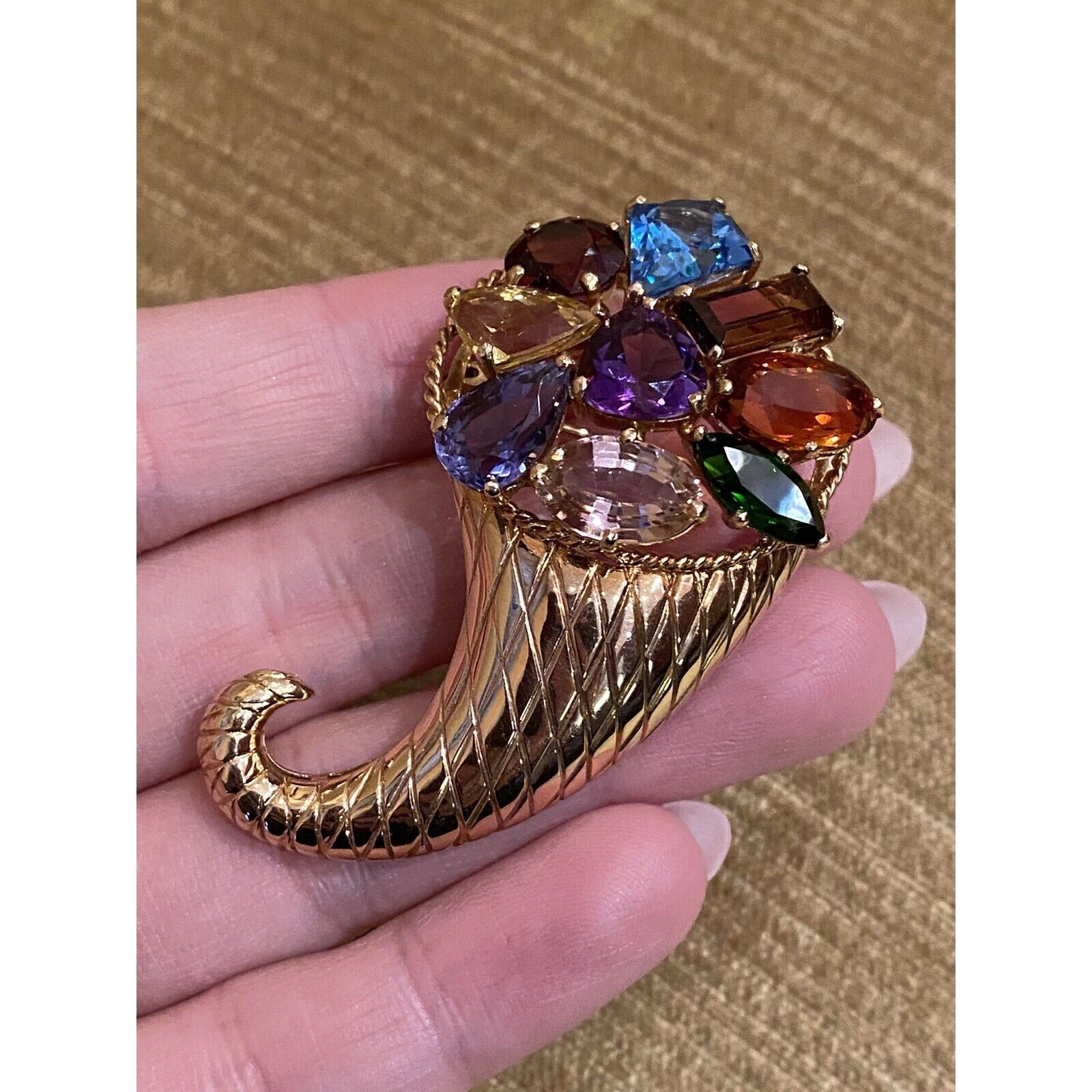 Large Vintage Multi-gem Horn of Plenty Brooch in 14k Yellow Gold