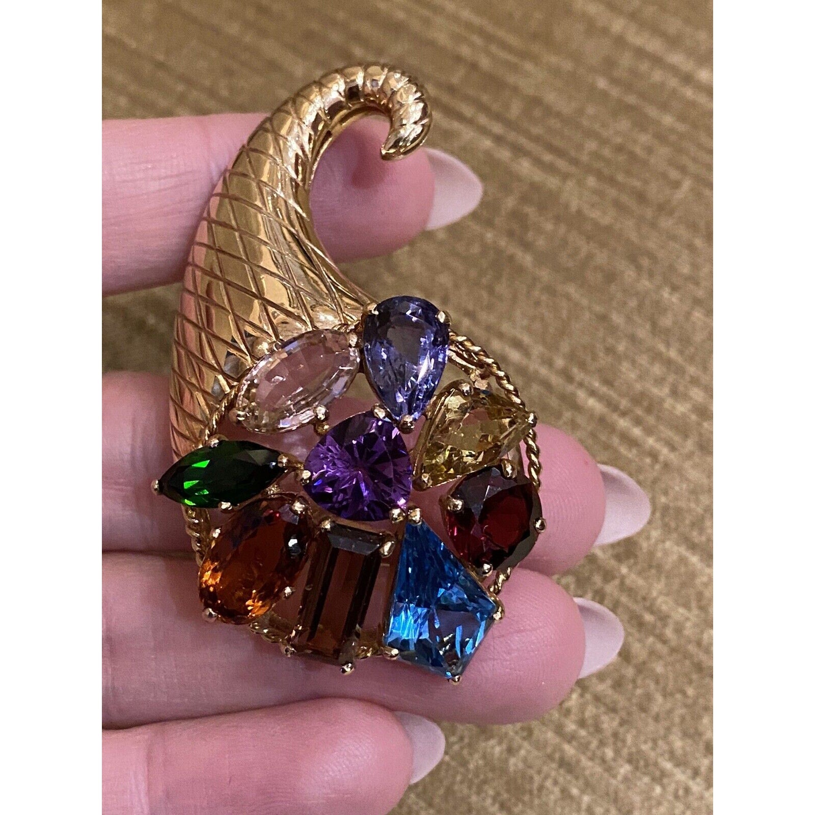 Large Vintage Multi-gem Horn of Plenty Brooch in 14k Yellow Gold